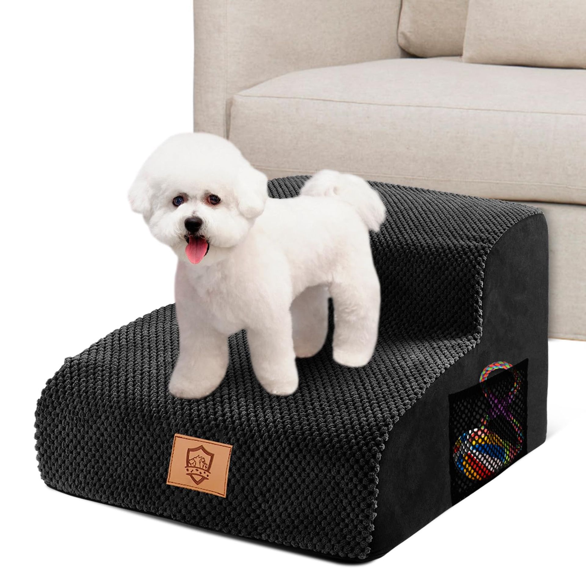 2-Step Dog Stairs for Bed Non-Slip Waterproof High-Density Foam Pet Ramp - Black 40x40x30cm