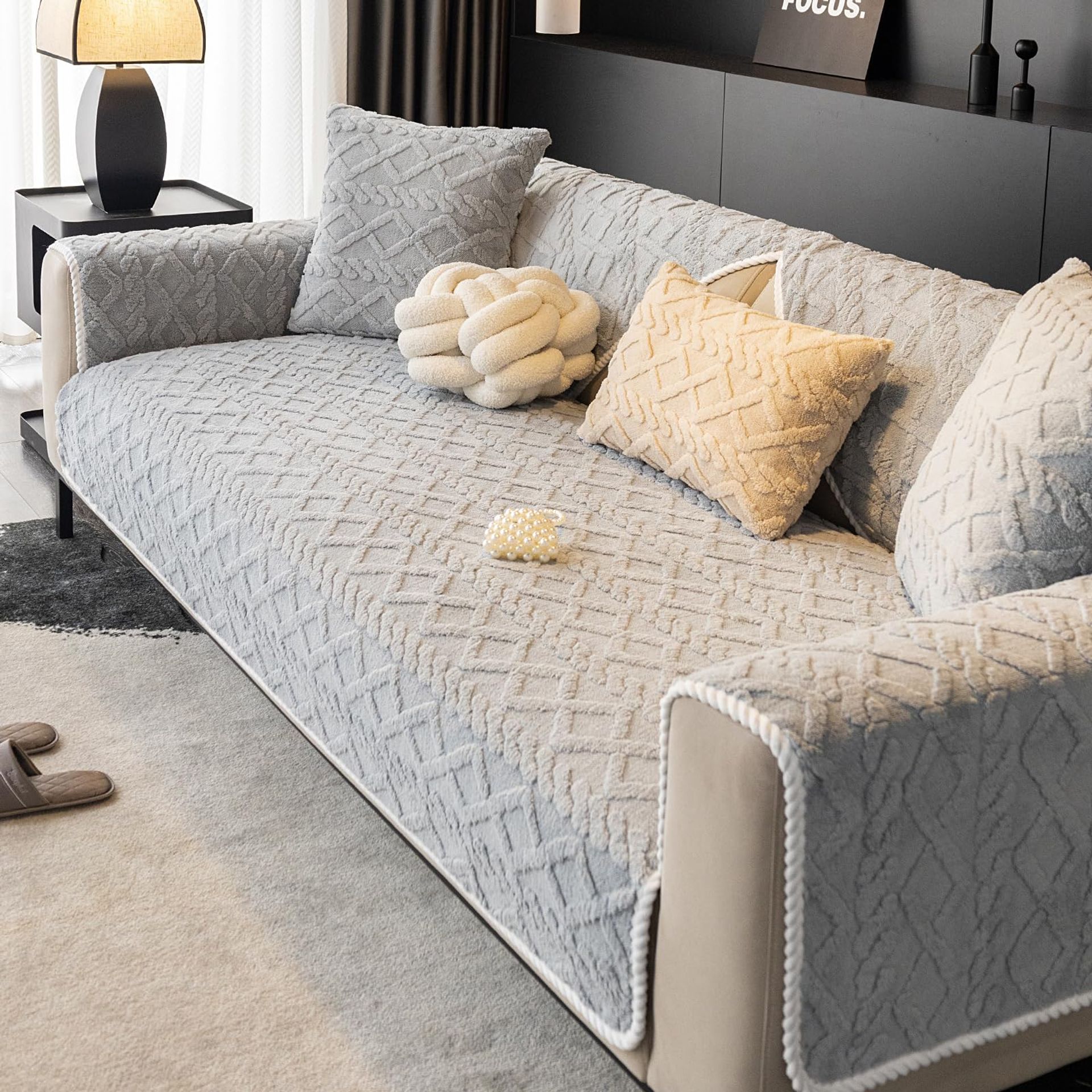 Velvet Couch Cover Plush Non-Slip Sectional Sofa Protector Washable for 2-3 Cushion Sofa - Light Grey 35"x71"