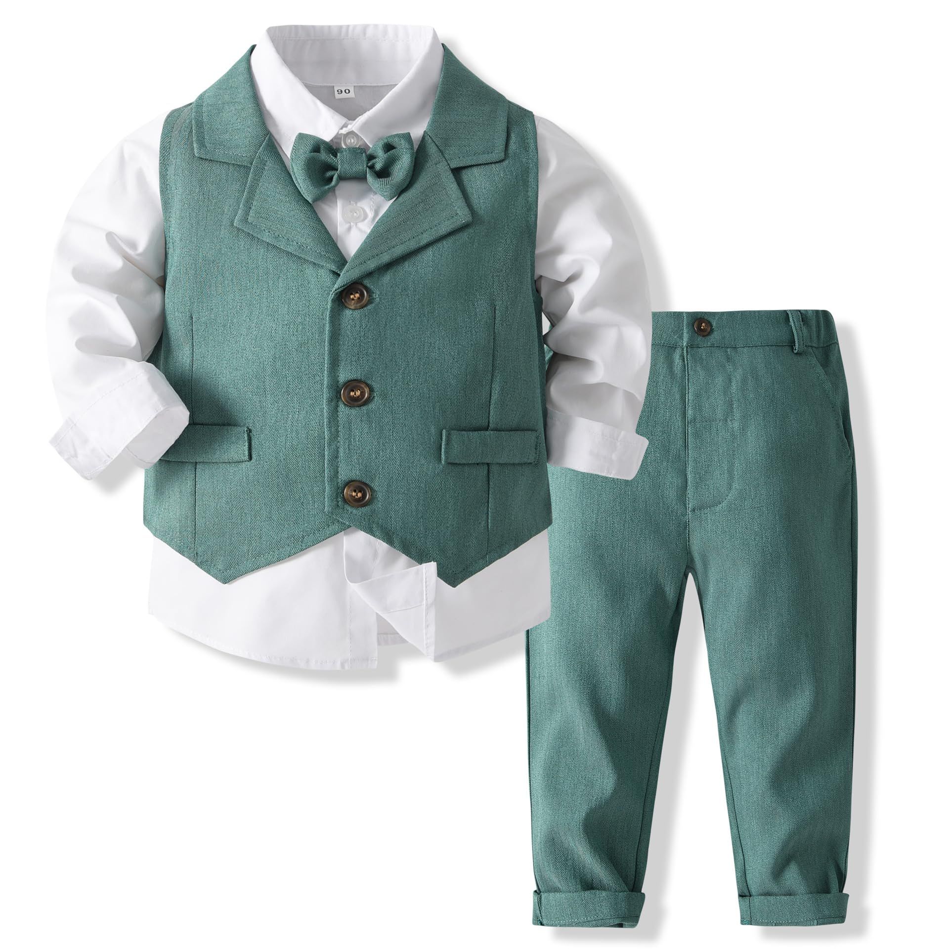 Kids Boys 3 Piece Formal Suit Long Sleeve Shirt Waistcoat & Trousers Set - Green 18-24 Months
