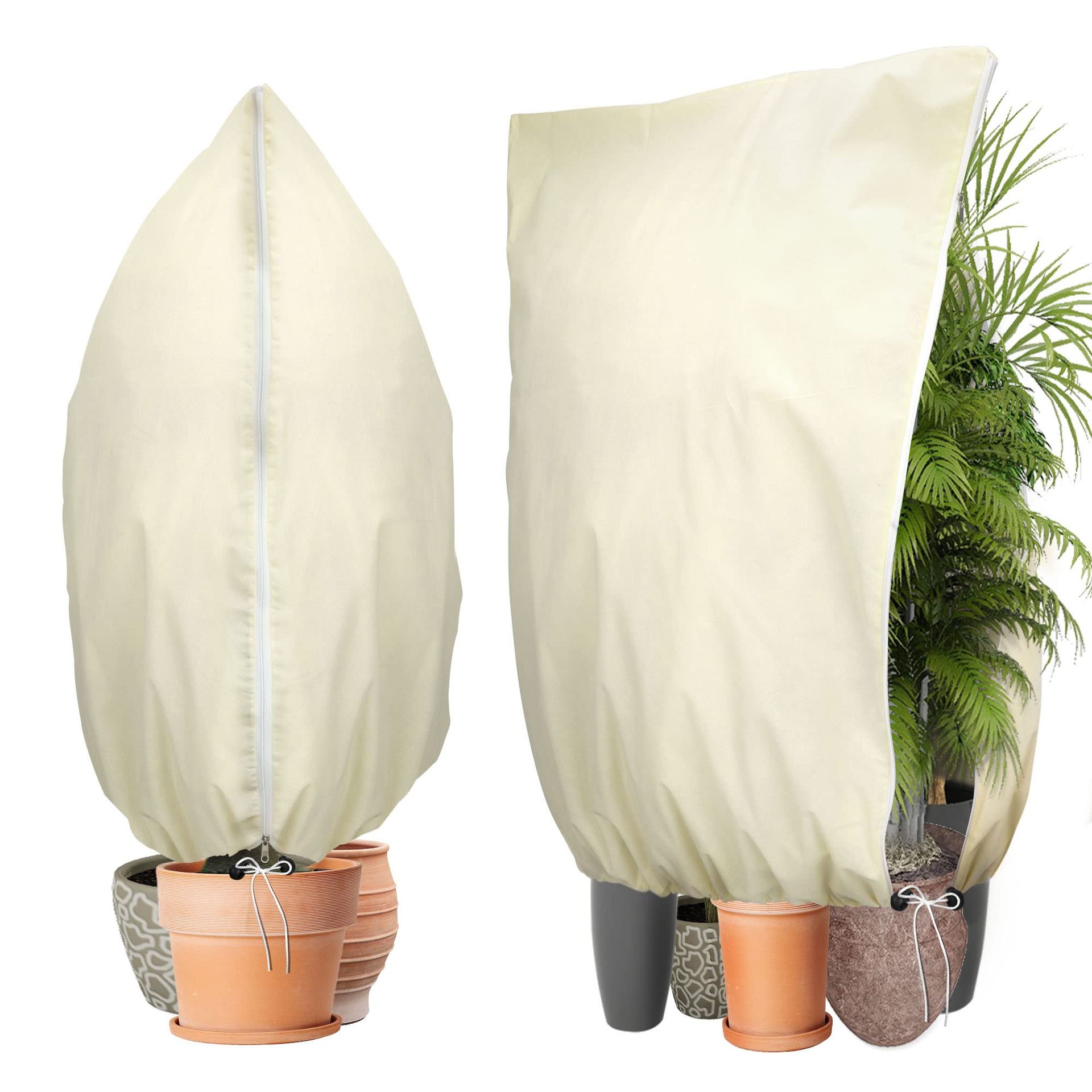 Garden Fleece Frost Protection Covers 2 Pack 90g/m² Reusable with Zipper & Drawstrings - White 180x120cm - Spring Refresh