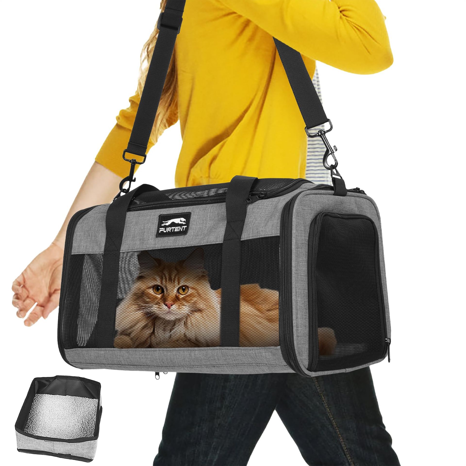 Soft Pet Carrier for Cats and Small Dogs Airline Approved Foldable Travel Bag with Ventilation Mesh and Litter Box - Grey 17in