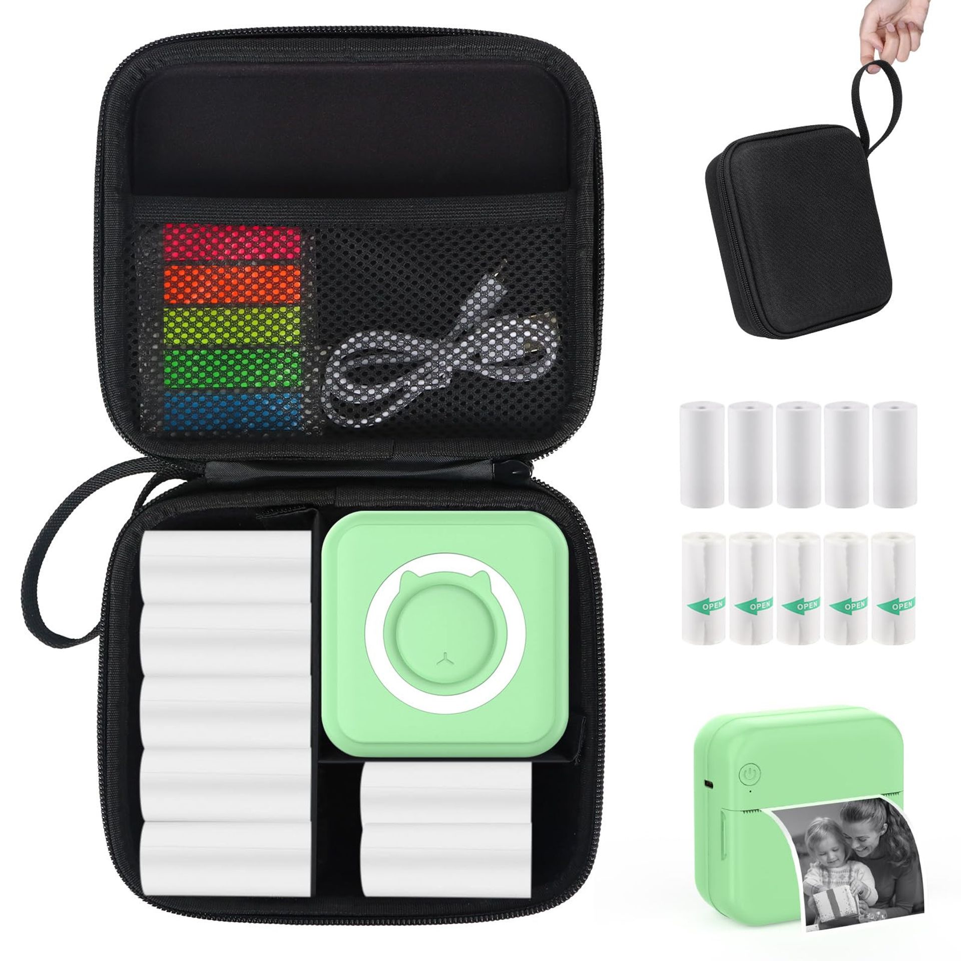 Mini Pocket Thermal Printer Portable Bluetooth Photo Printer with 10 Rolls Paper and Carry Case for Journals, Memos & Study Notes - Green Mini