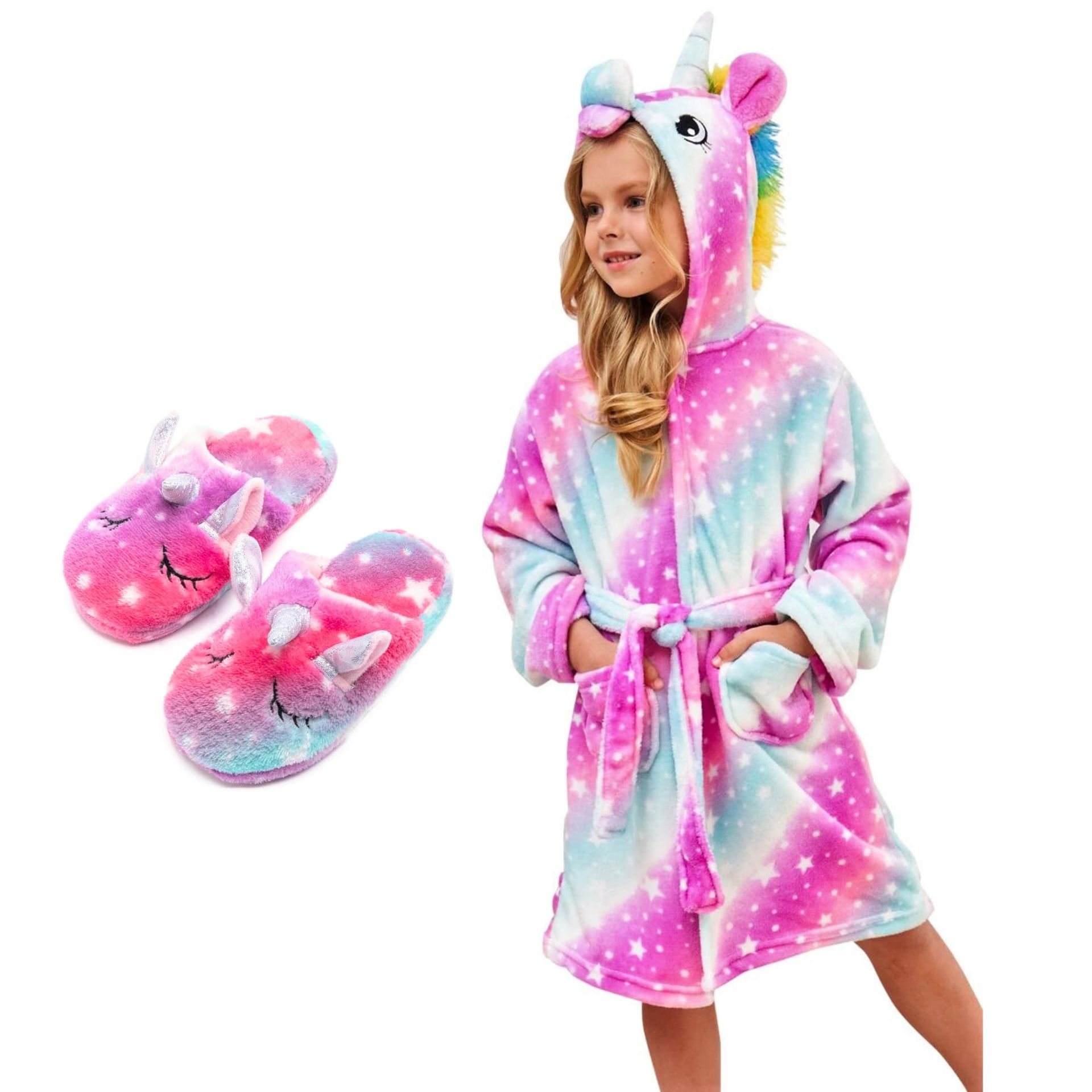 Girls' Unicorn Dressing Gown with Hood and Matching Slippers Soft Fleece Sleepwear Gift - Pink/Purple Stars 10-11 Years
