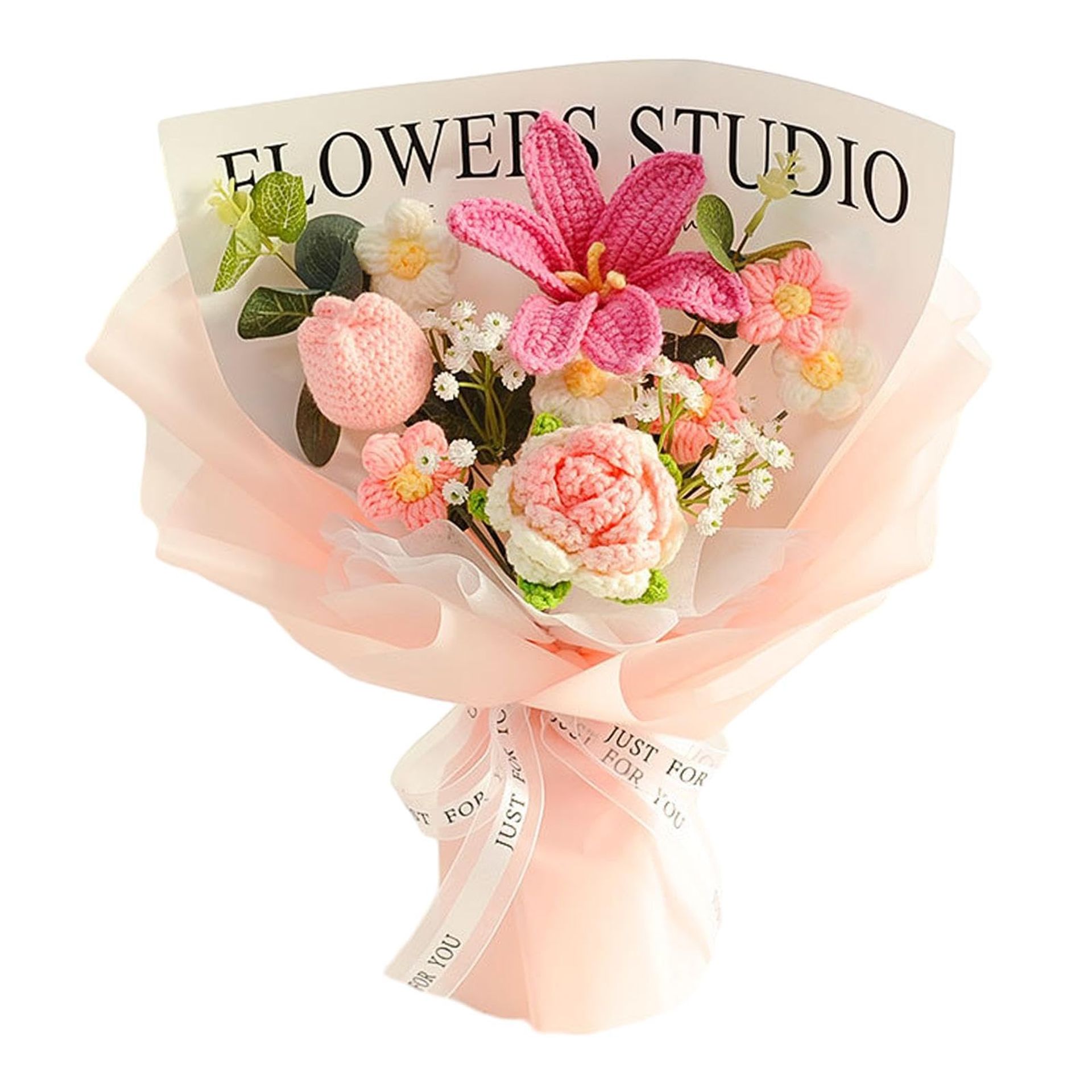 Crochet Flowers Bouquet Handmade Artificial Roses Sunflowers Daisies Home Decor Gift for Mother - Pink C-35cmx35cm - Valentines