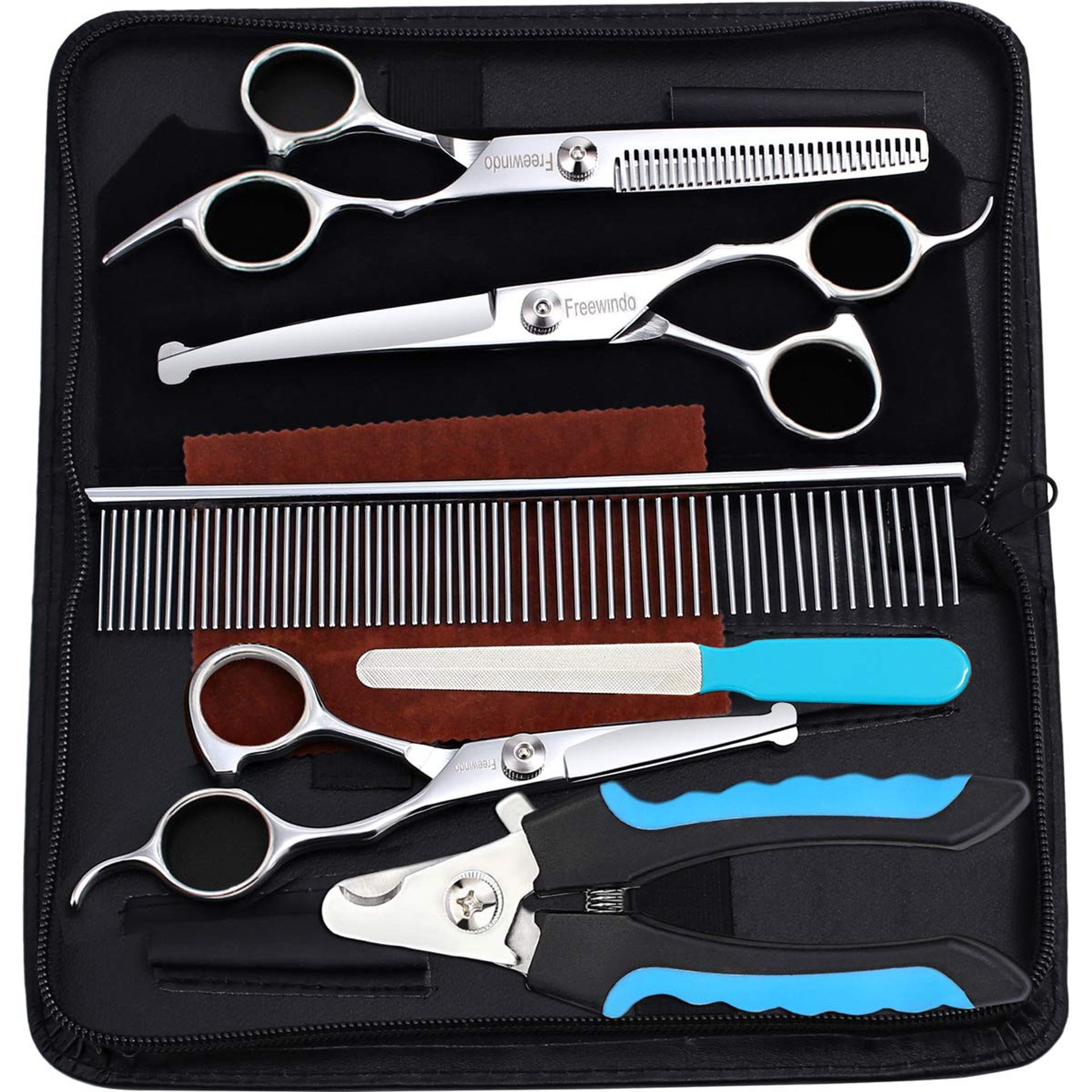 Heavy-Duty Pet Grooming Scissors Kit with Safety Round Tip and Nail Clippers - Black Full Set