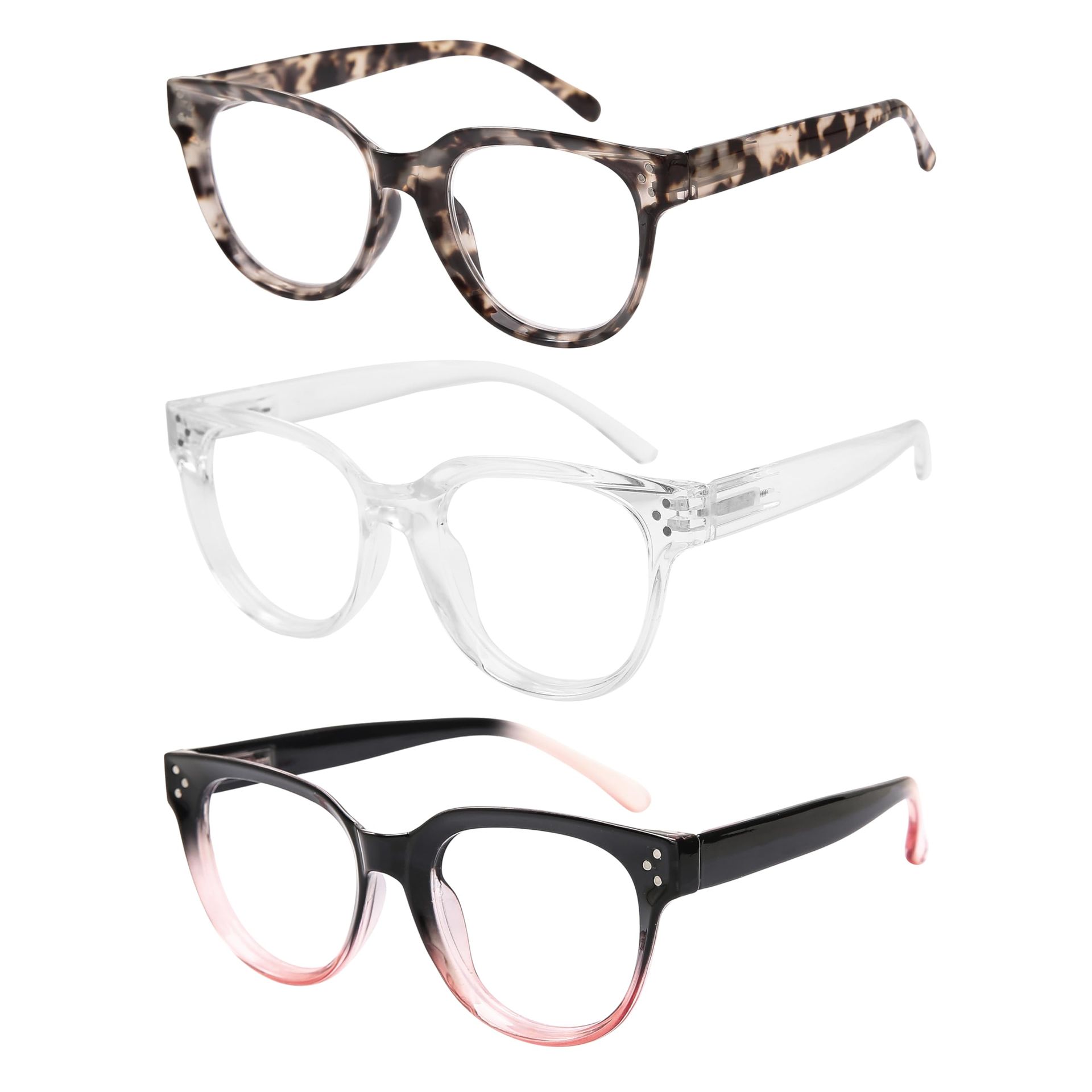 Reading Glasses Blue Light Blocking Oversized Retro Readers 3 Pack - Black Pink / Tortoiseshell / Transparent 1.0