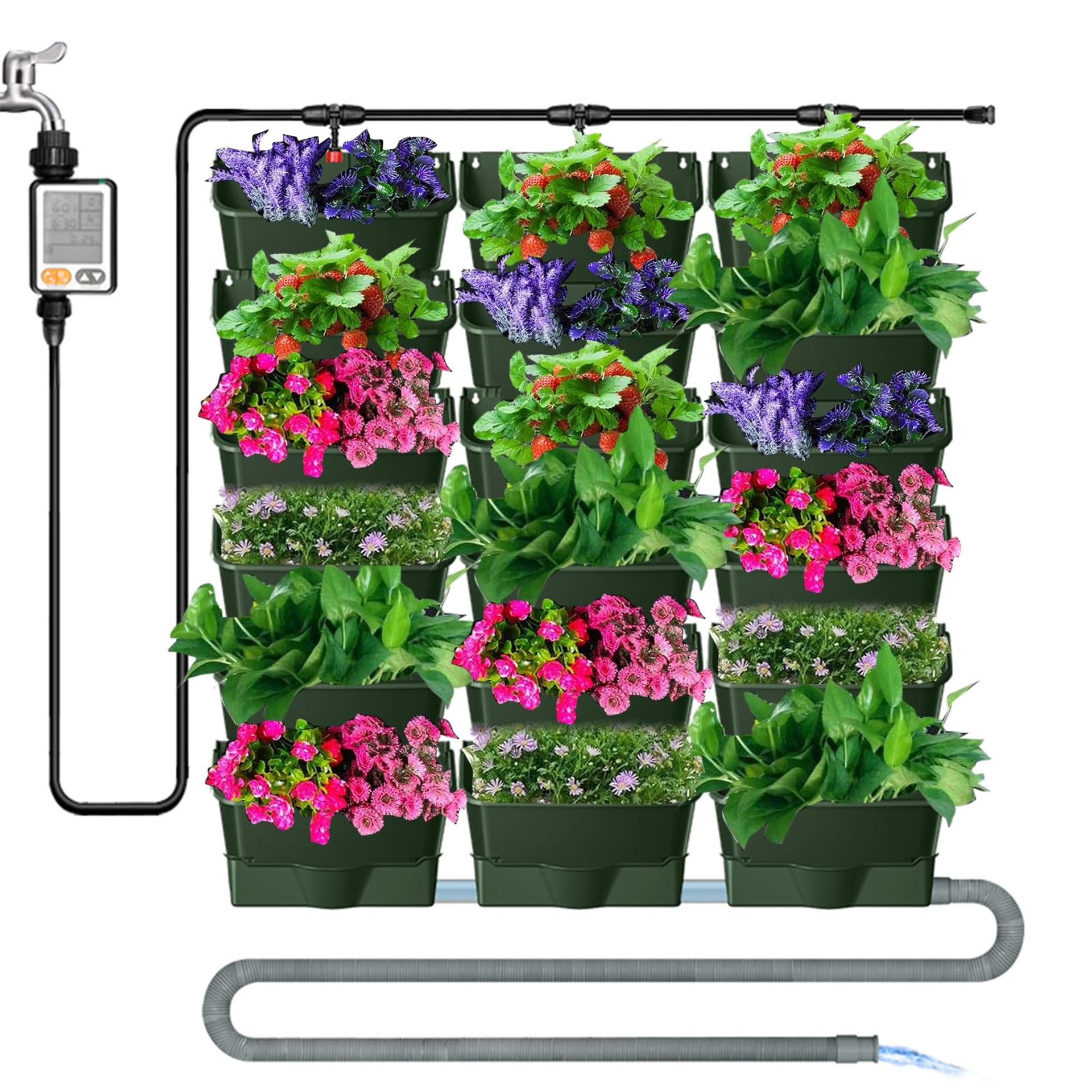 Self Watering Vertical Pocket Garden Wall 18Pcs Automatic Irrigation System with Timer Outdoor Hanging Planter Bags - Green C