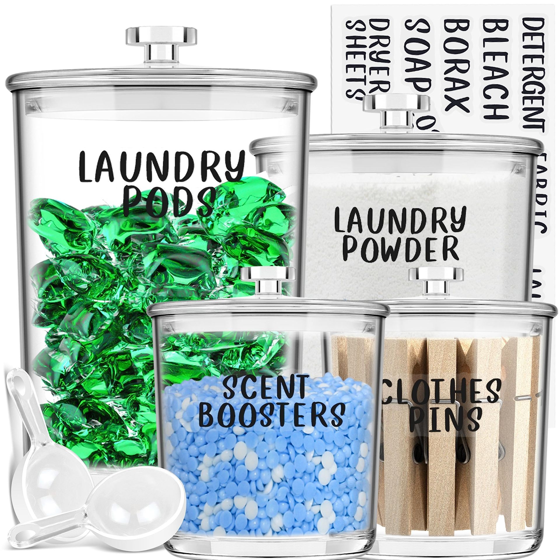 Laundry Pods Storage Containers Set 4-Pack Acrylic Jars with Labels and Scoops for Detergent and Bathroom Organisation - Clear 4-Piece Set - Spring Refresh