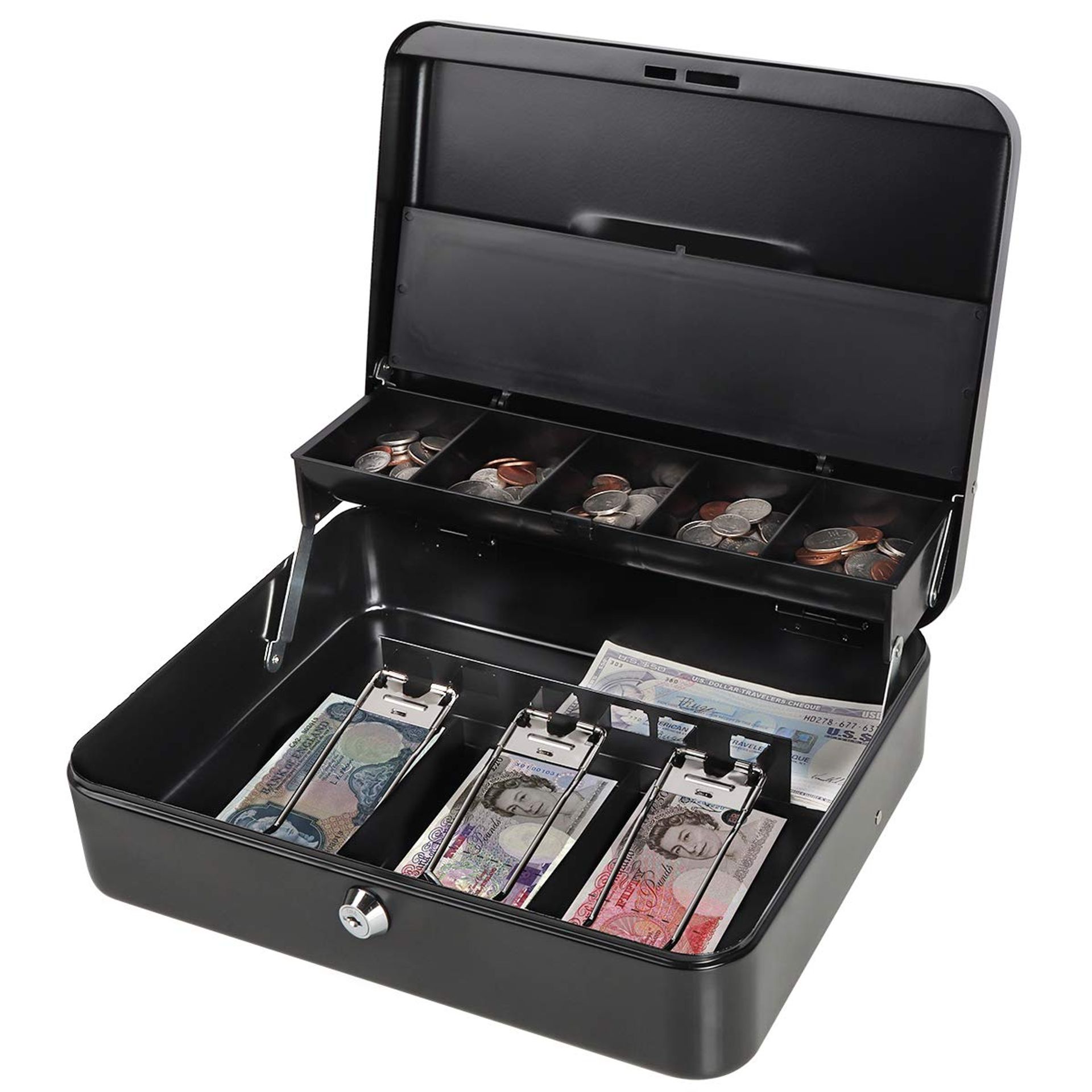 Large Cash Box with Secure Lock, Cantilever Coin & Note Tray 3 Bills/5 Coins - Black Large