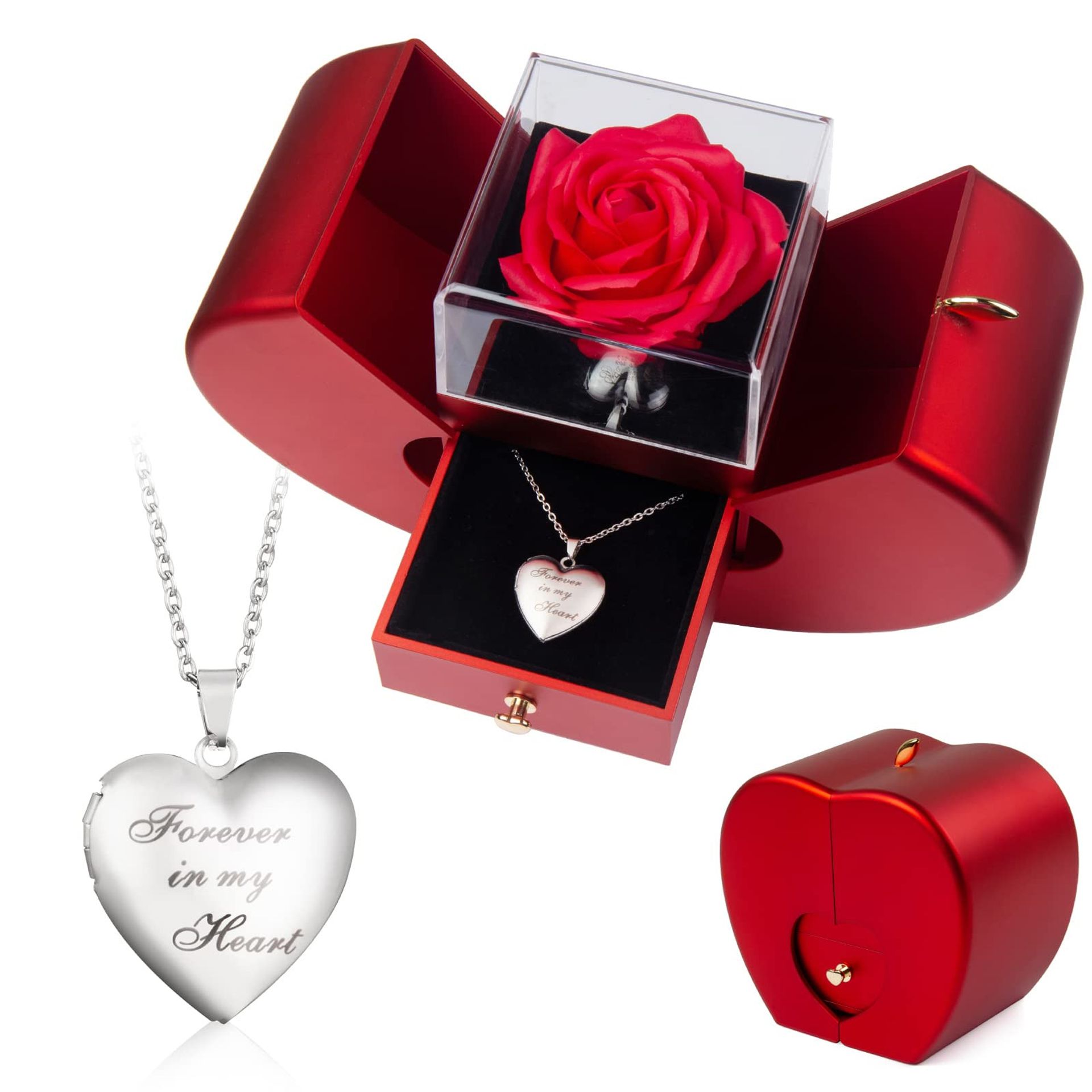 Preserved Red Rose Gift Box with Heart Necklace for Mum Nan Grandma - Red1 Size 1
