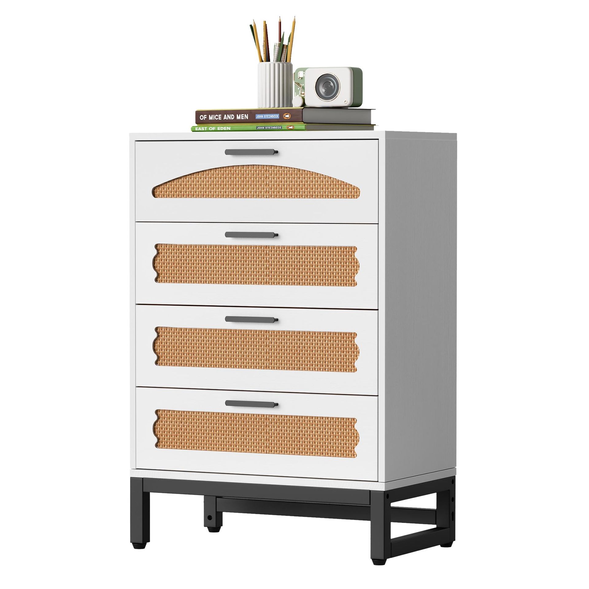 4-Drawer Rattan Dresser Natural Woven Storage Cabinet with Sturdy Wooden Frame and Handles for Bedroom or Hallway - White 65x34x85cm 4D