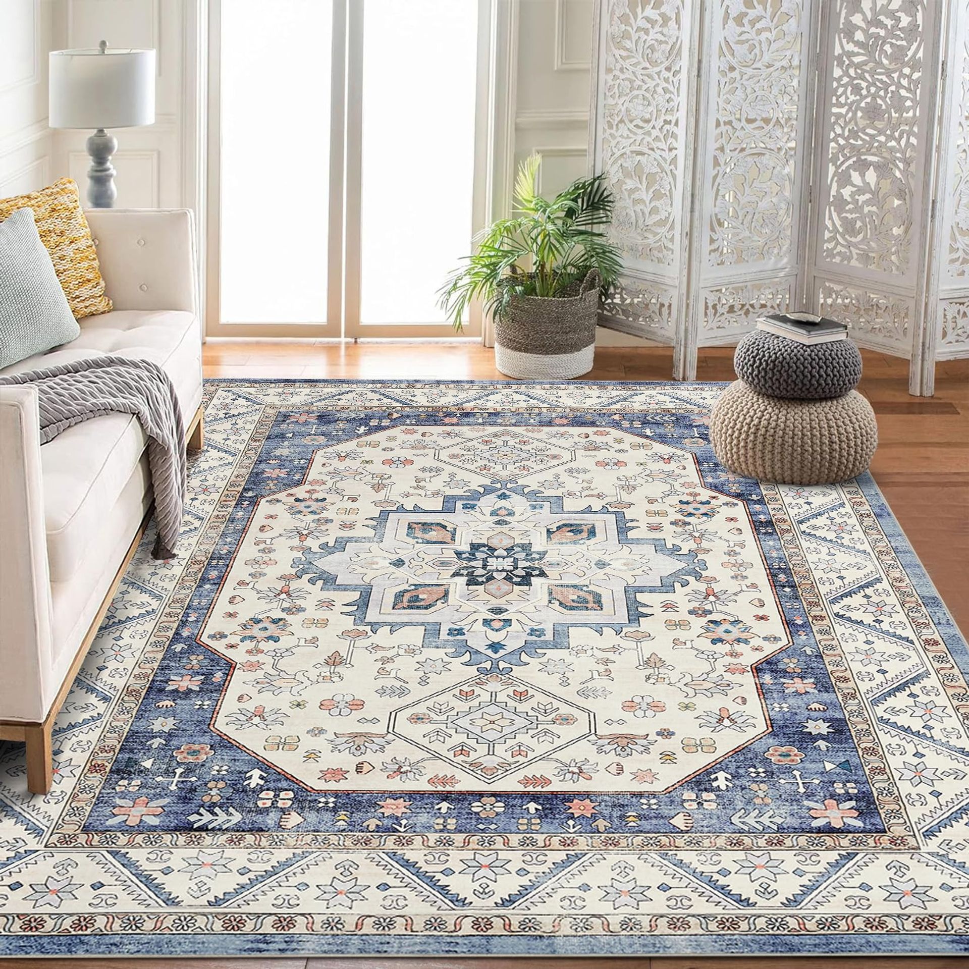 Vintage Boho Area Rug Washable Non-Slip Soft Short Pile Non-Shedding Carpet for Living Room, Bedroom & Office - Blue 200 x 290 cm