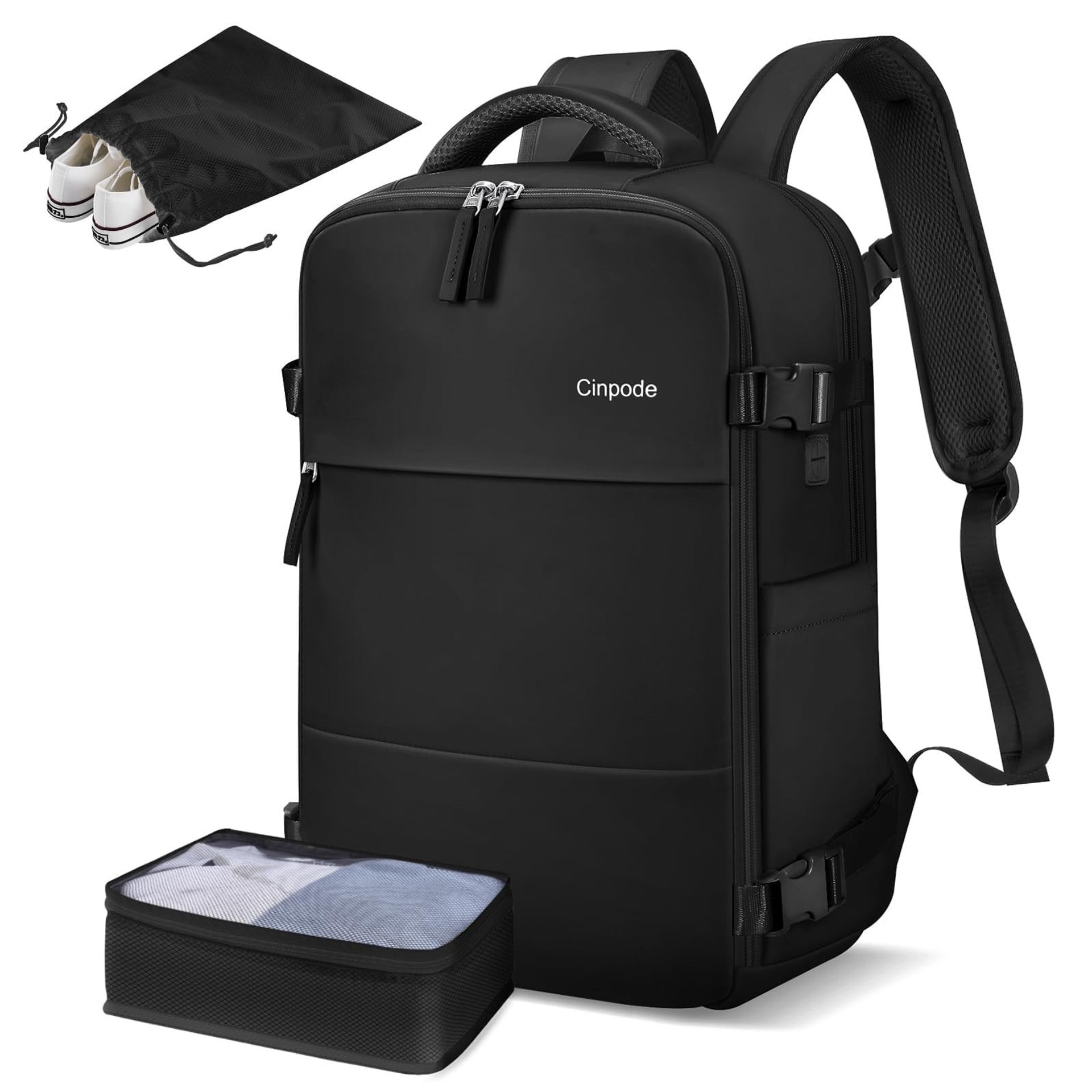 Travel Backpack Flight Approved Carry On Bag with 2 Packing Cubes, 15.6 Inch Laptop Compartment, Waterproof Design - Black 45x36x20 cm