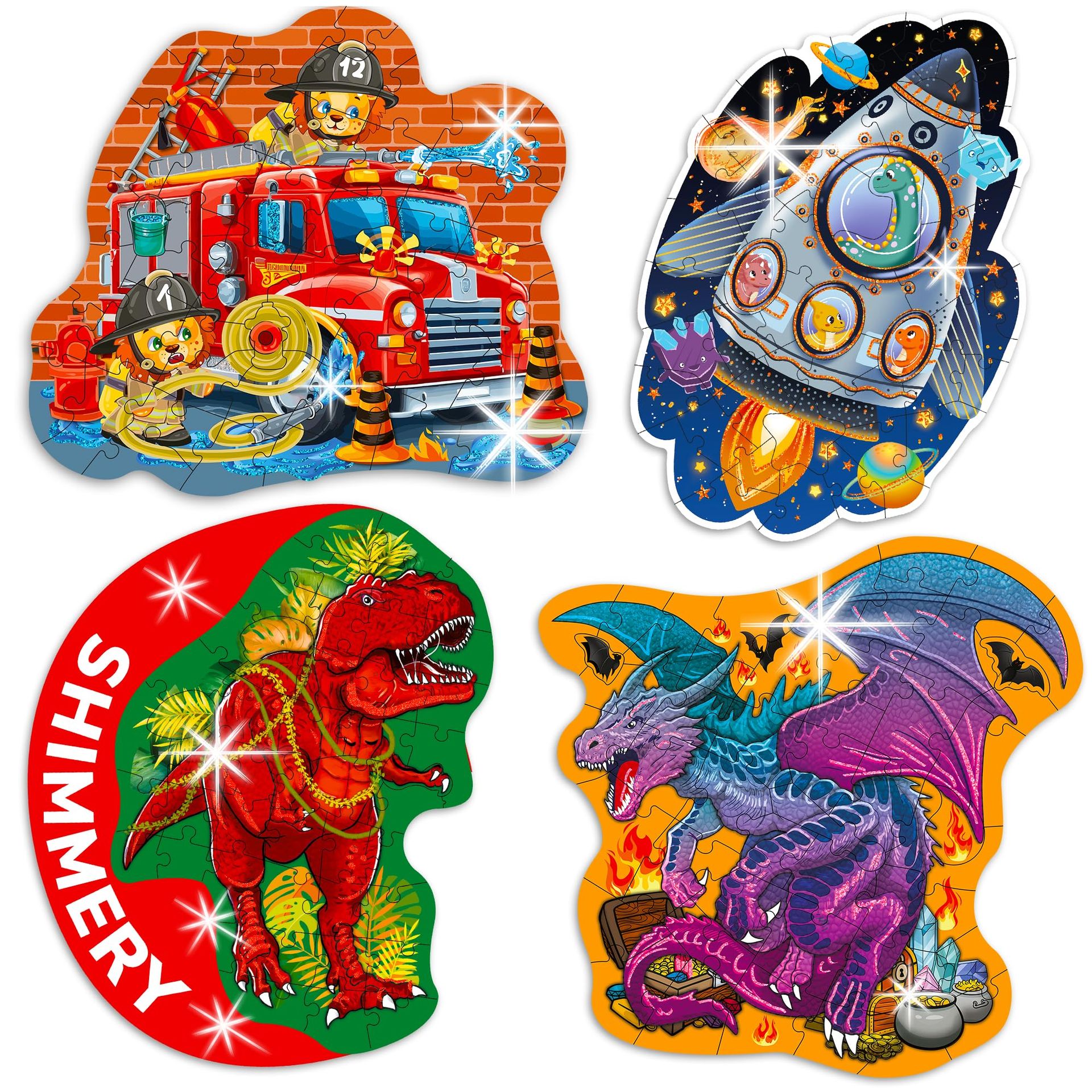 Children's Shimmer Jigsaw Puzzles 48-Piece Set Dragon, Rocket, Firetruck & Dinosaur Designs - Boys 1000 Pieces Men