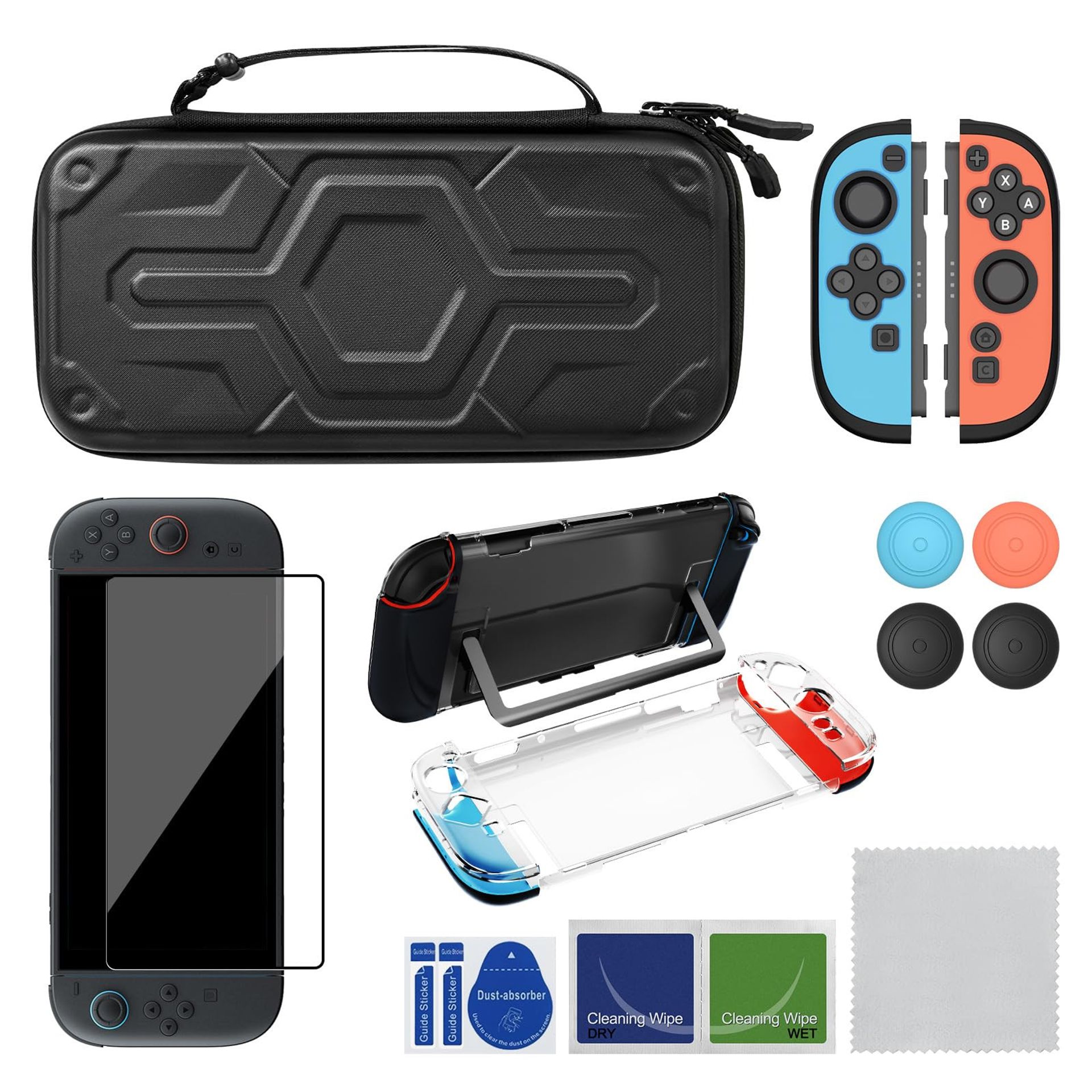 Gaming Console Carrying Case Compatible with Nintendo Switch 2 Accessories Kit Including Screen Protector, Joy-Con Covers, Back Shell & Thumb Grips - Black AK206