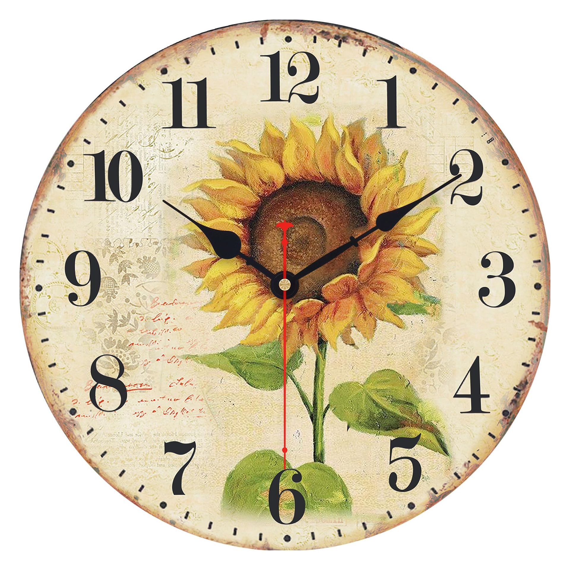 Art Decorative Wooden Wall Clock Silent Quartz Round Hanging Design for Bedroom, Dining Room, Office & Living Room - Sunflower 14 Inch - Spring Refresh