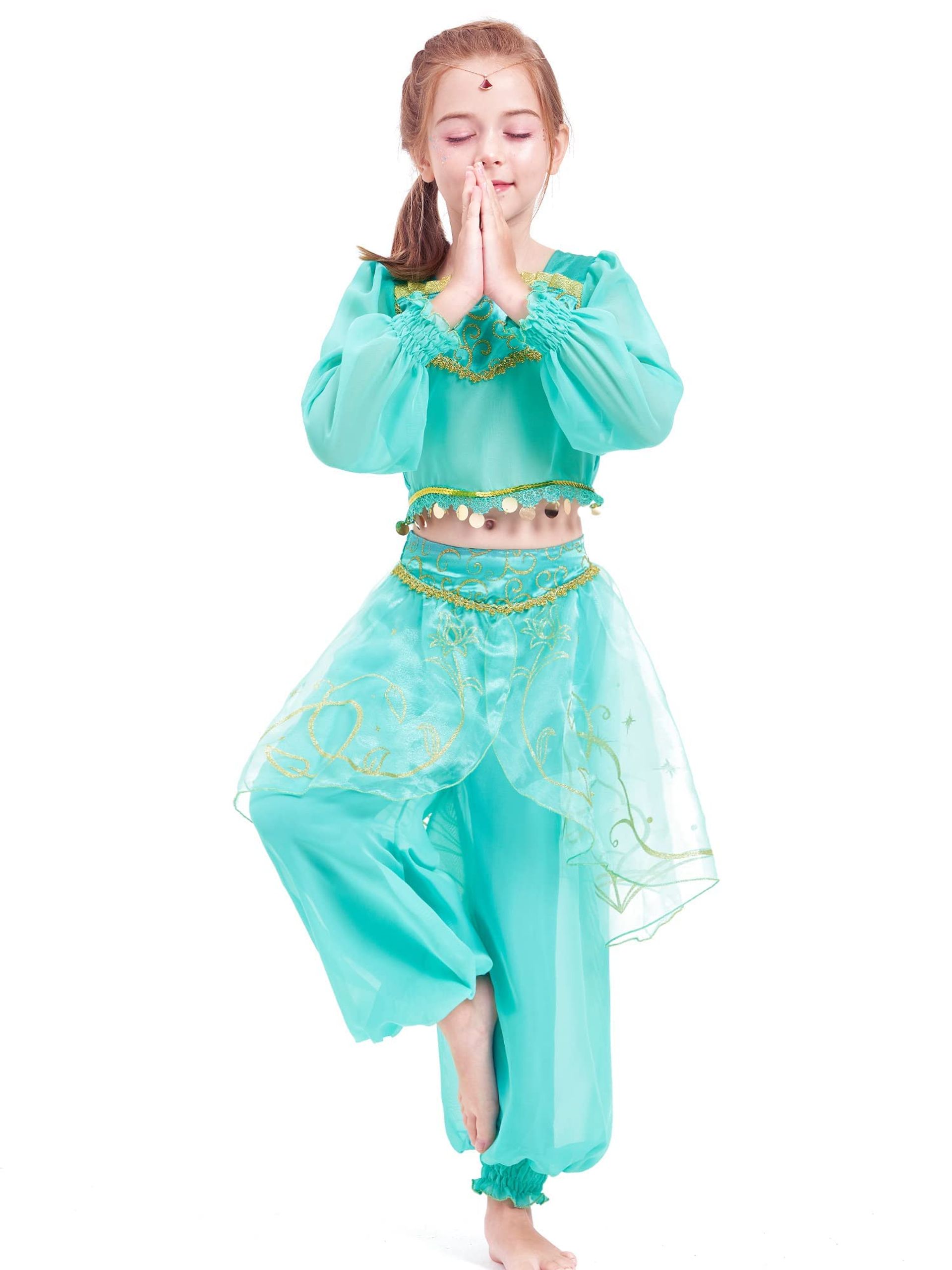 Girls Princess Jasmine Fancy Dress Costume Set for Parties & Halloween - Green 7-8 Years