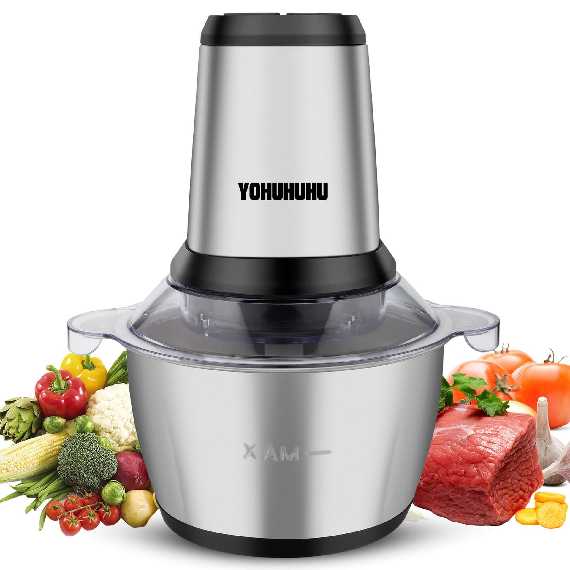 Mini Food Processor 2L 500W 2-Speed Chopper with 4 Sharp Blades Stainless Steel Bowl for Meat, Vegetables & Sauces - Stainless Steel Silver