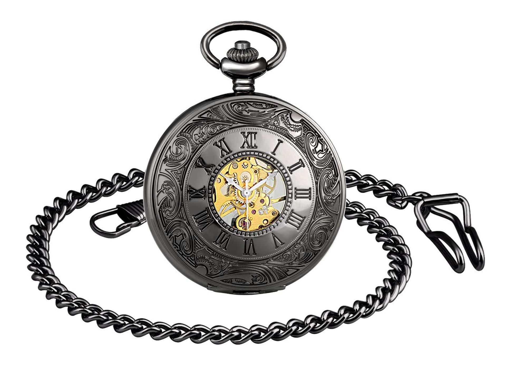 Mechanical Hand-Wind Pocket Watch Unisex Vintage Skeleton Fob with Chain and Gift Bag - Bronze Retro