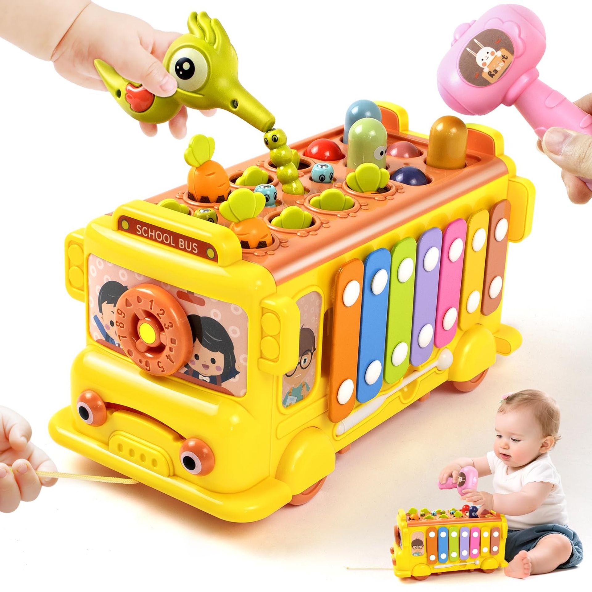 8-in-1 Montessori Baby Toy for 1-3 Year Olds Educational Activity Centre with Xylophone, Carrot Harvest and Worm Catching - Yellow 13×25.8×14cm