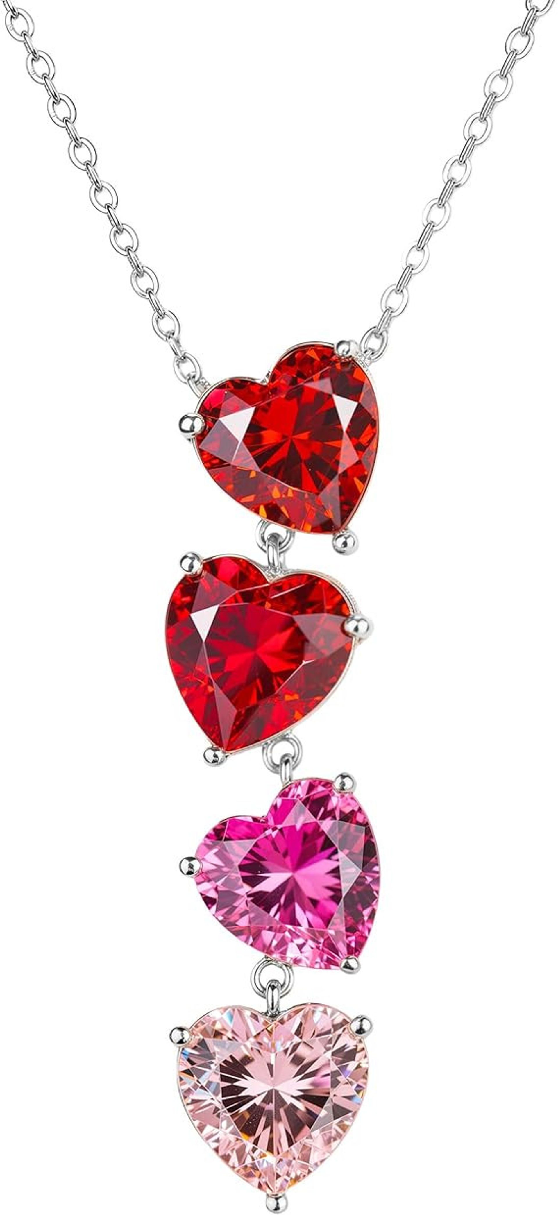 Heart Shaped Gem Necklace 925 Sterling Silver with Four CZ Pendants - Pink 45 cm