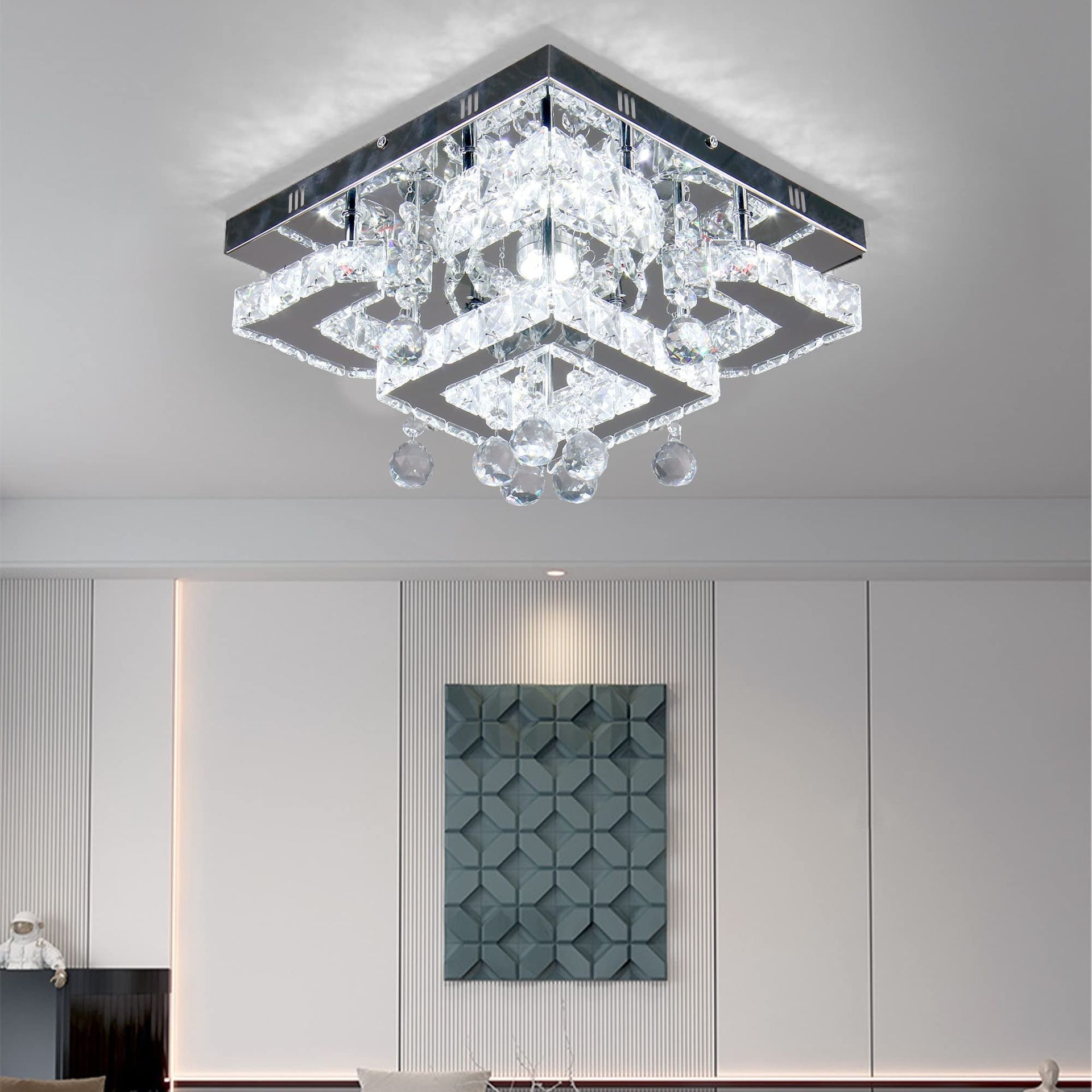 Modern Crystal Chandelier LED Flush Mount Ceiling Light Fixture with 4 Petals Design and Raindrop Crystals - Cool White Square