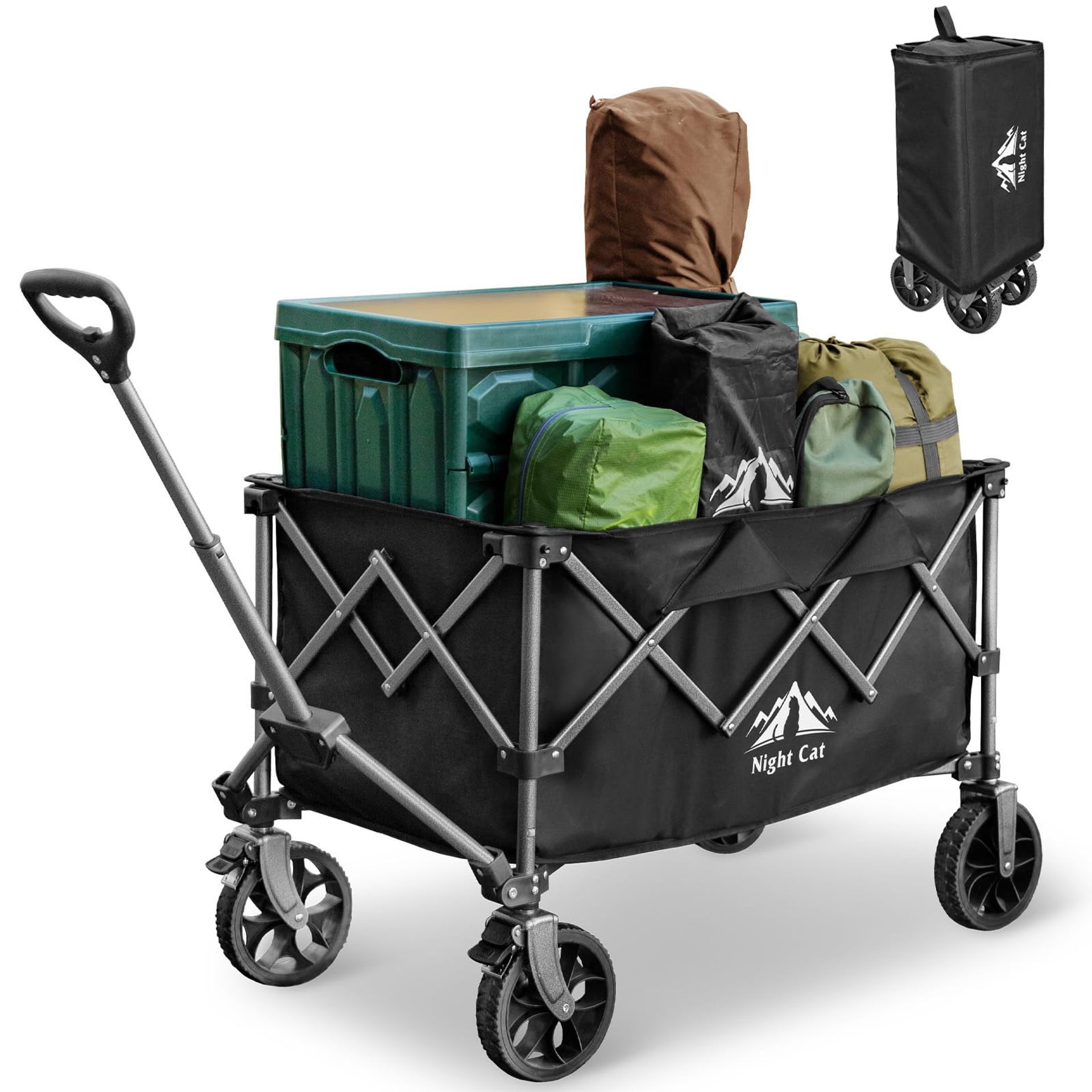 Folding Camping Trolley Cart 150L Large Capacity 100KG Collapsible Wagon with Removable Fabric for Outdoor, Beach & Garden Use - Black One Size