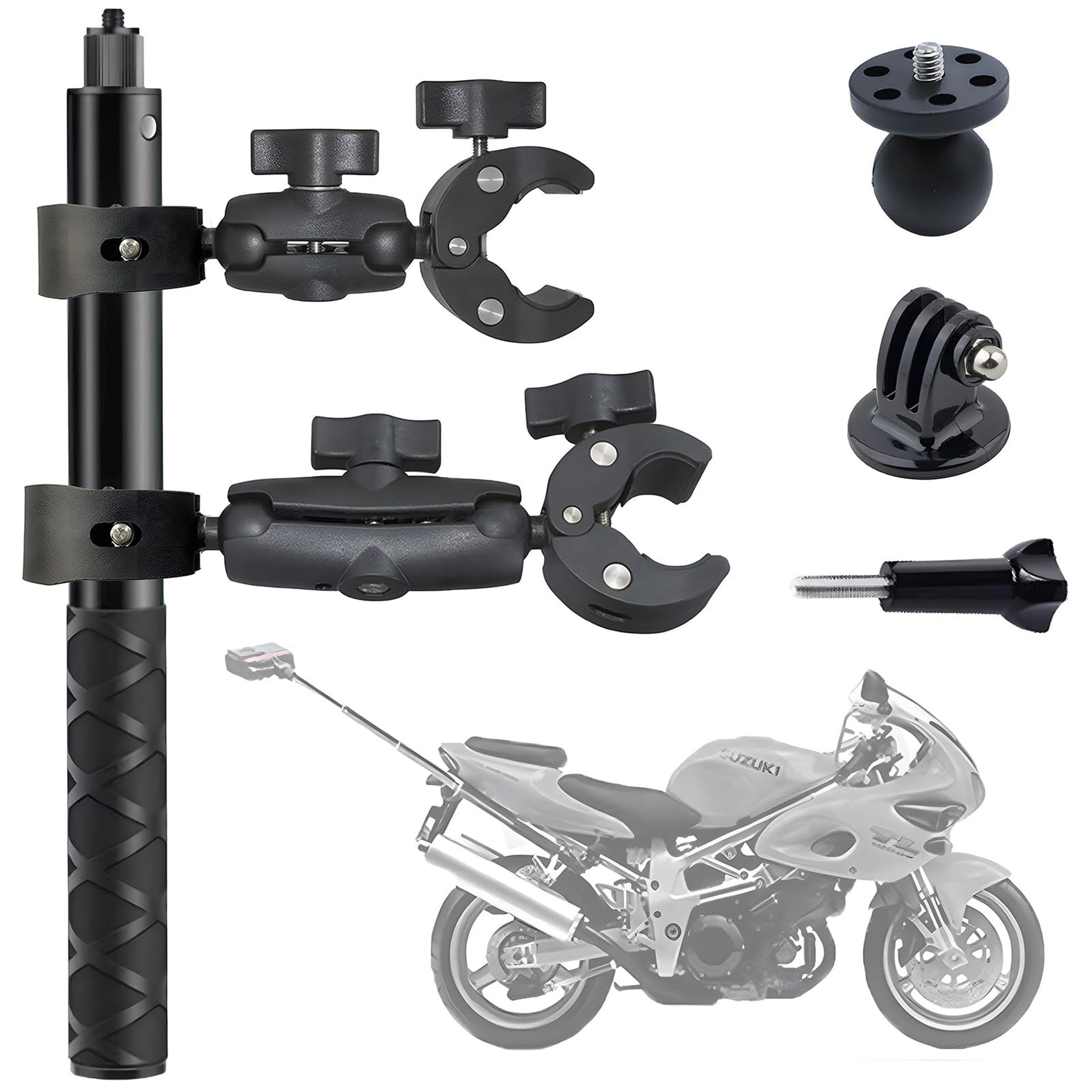 Motorcycle Handlebar Clamp Mount with 47" Invisible Selfie Stick for Insta360 ONE X3 X2 X RS R Go 2 3 - Black