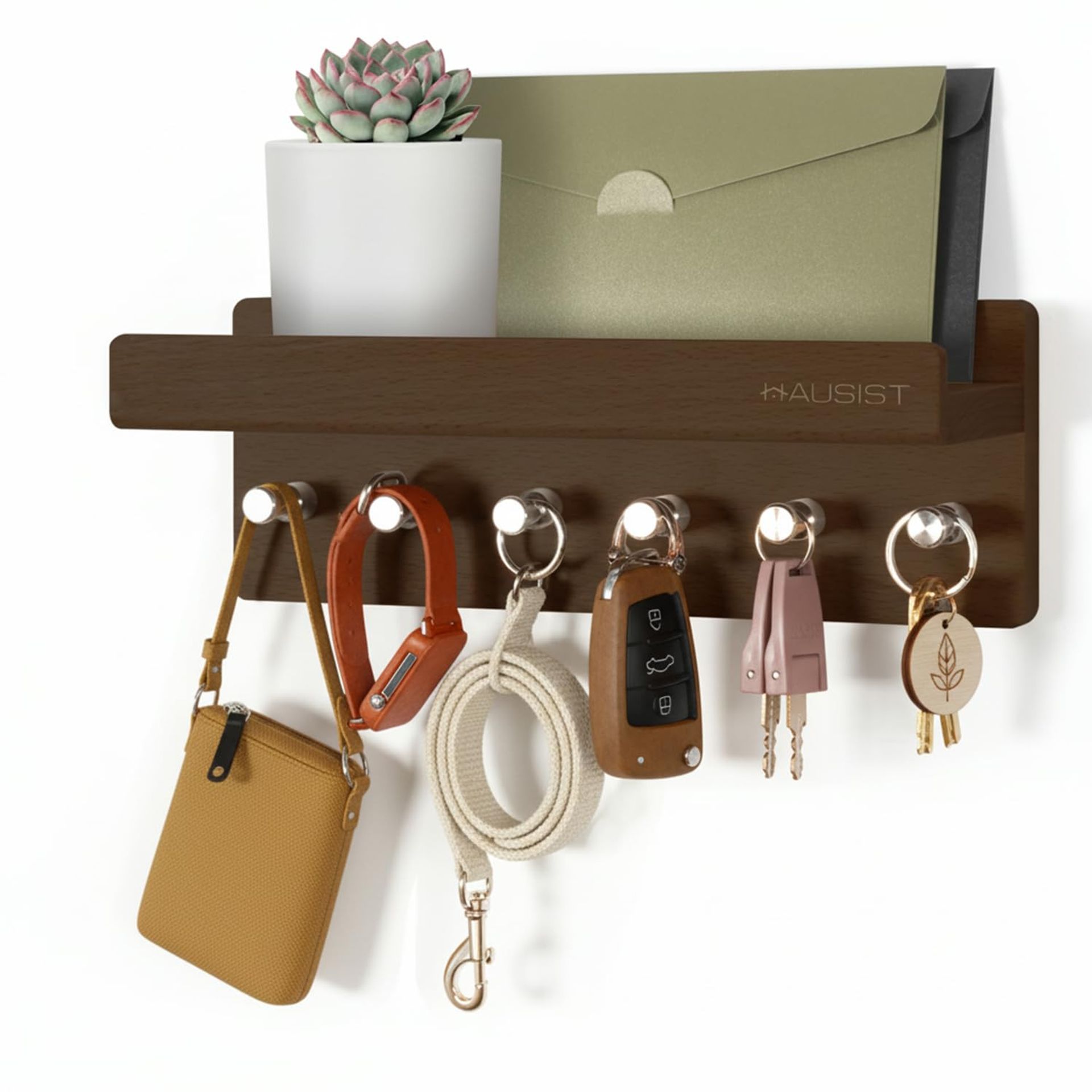 Wall Mounted Key Holder with Shelf 6 Hooks for Keys Mail and Coats - Brown Buche - Spring Refresh