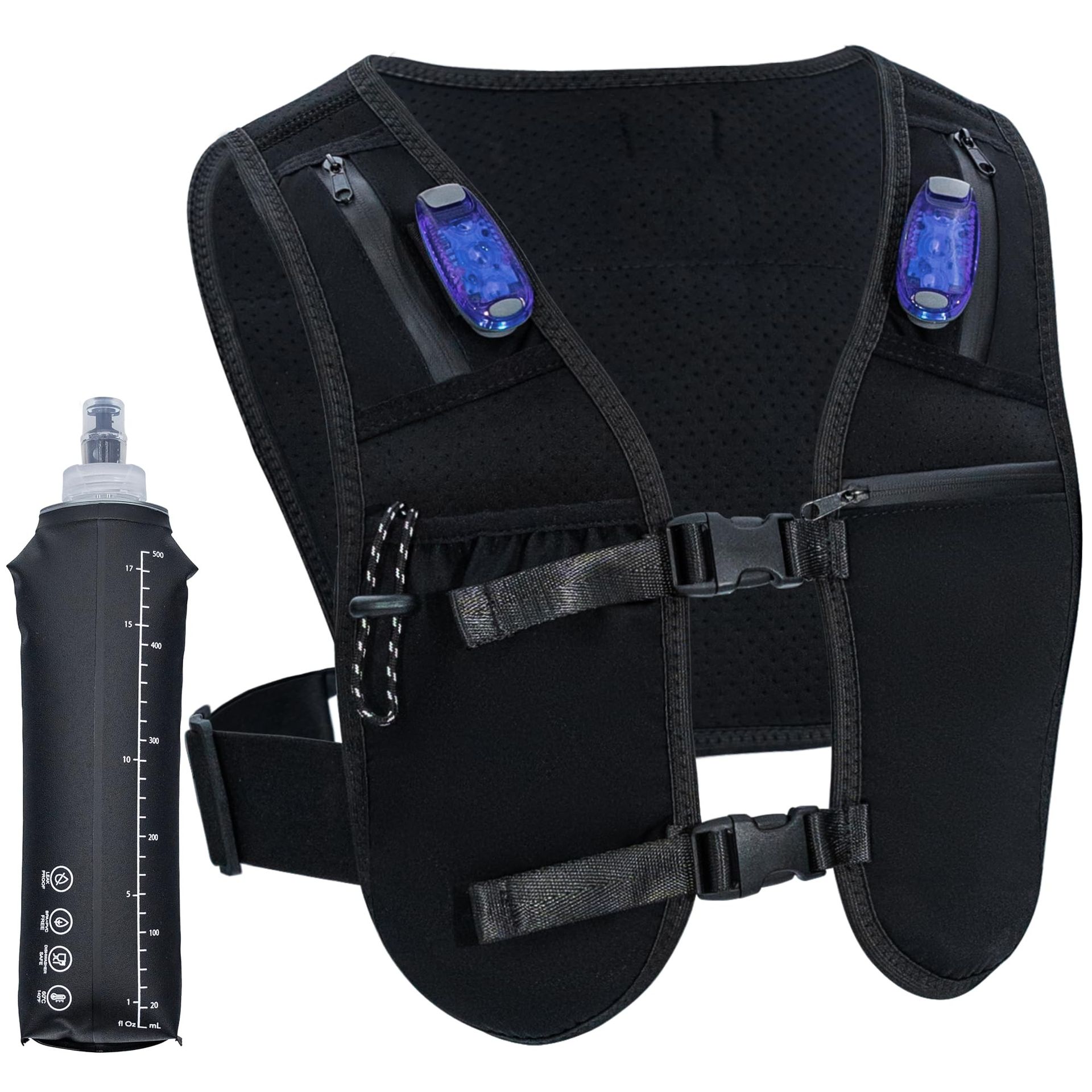 Adjustable LED Running Vest Reflective Safety Gear with Water Bottles and Phone Holder for Men and Women - Black One Size