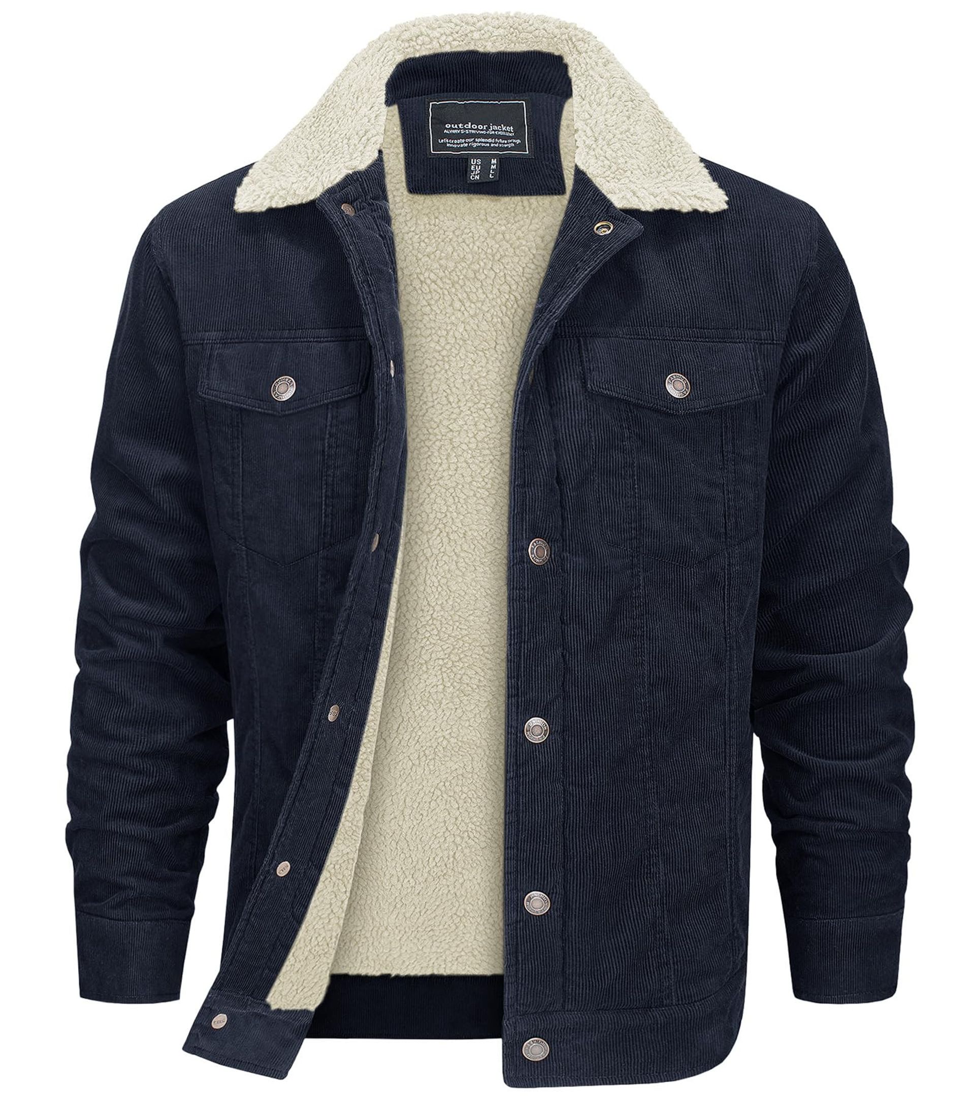 Men's Corduroy Trucker Jacket Winter Sherpa Fleece Lined Coat with 5 Pockets - Navy XXL