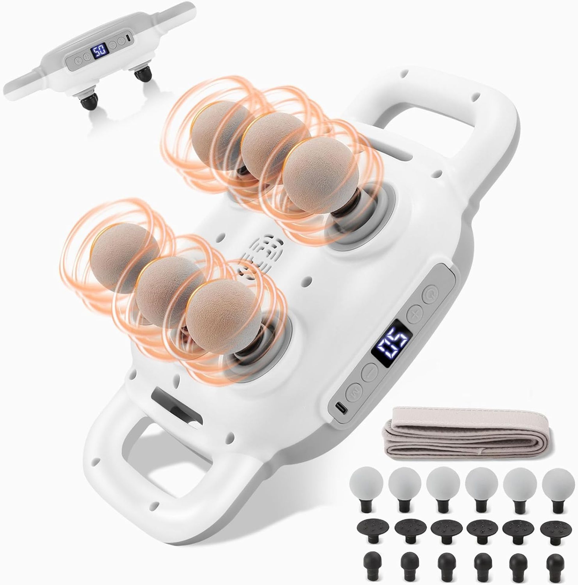 6 Head Deep Tissue Massage Gun 50 Speeds 9 Modes with Waist Belt & Interchangeable Heads - Grey White S6