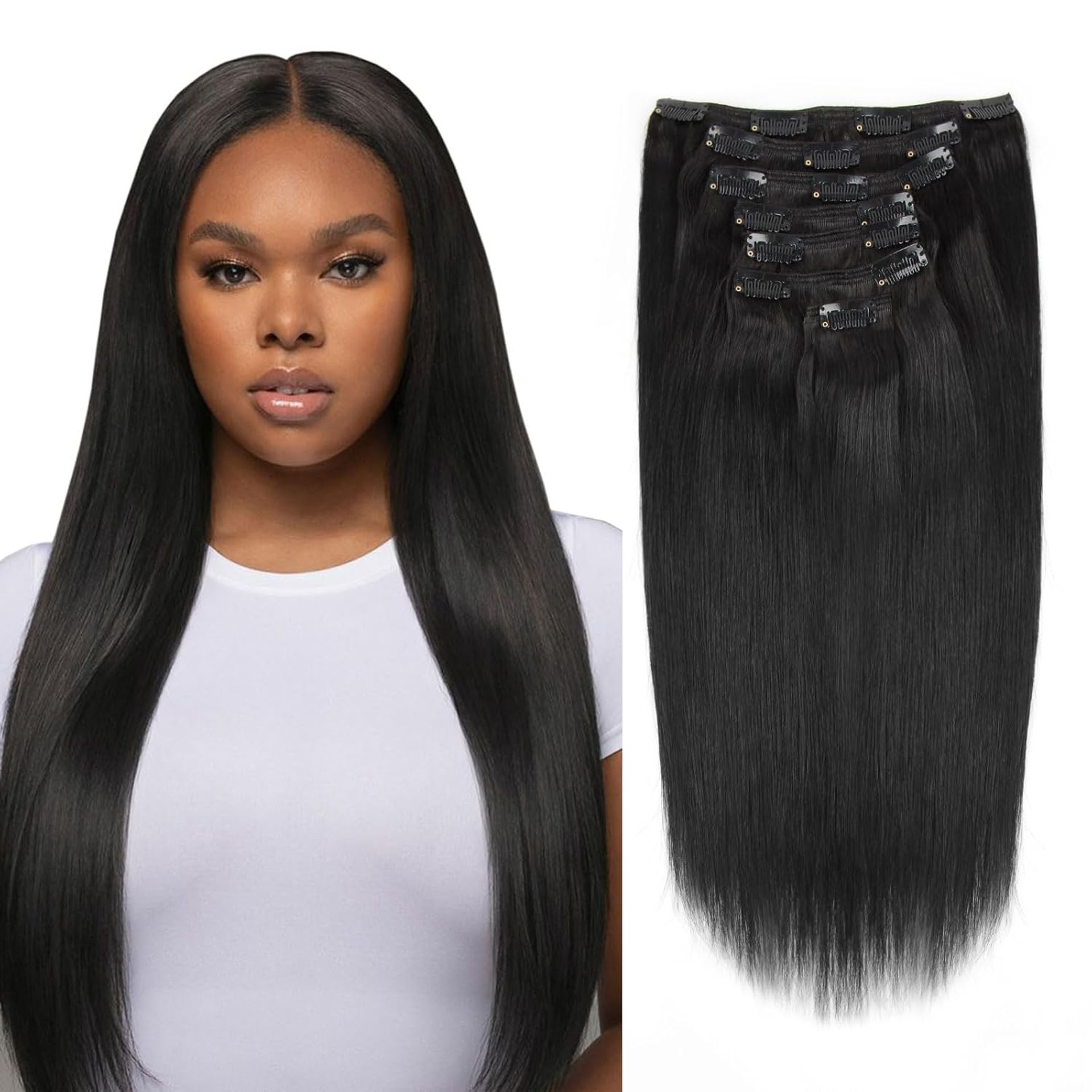 Clip In Hair Extensions Double Weft 100% Remy Human Hair Silky Straight 7 Piece Set - Natural Colour 14 Inch