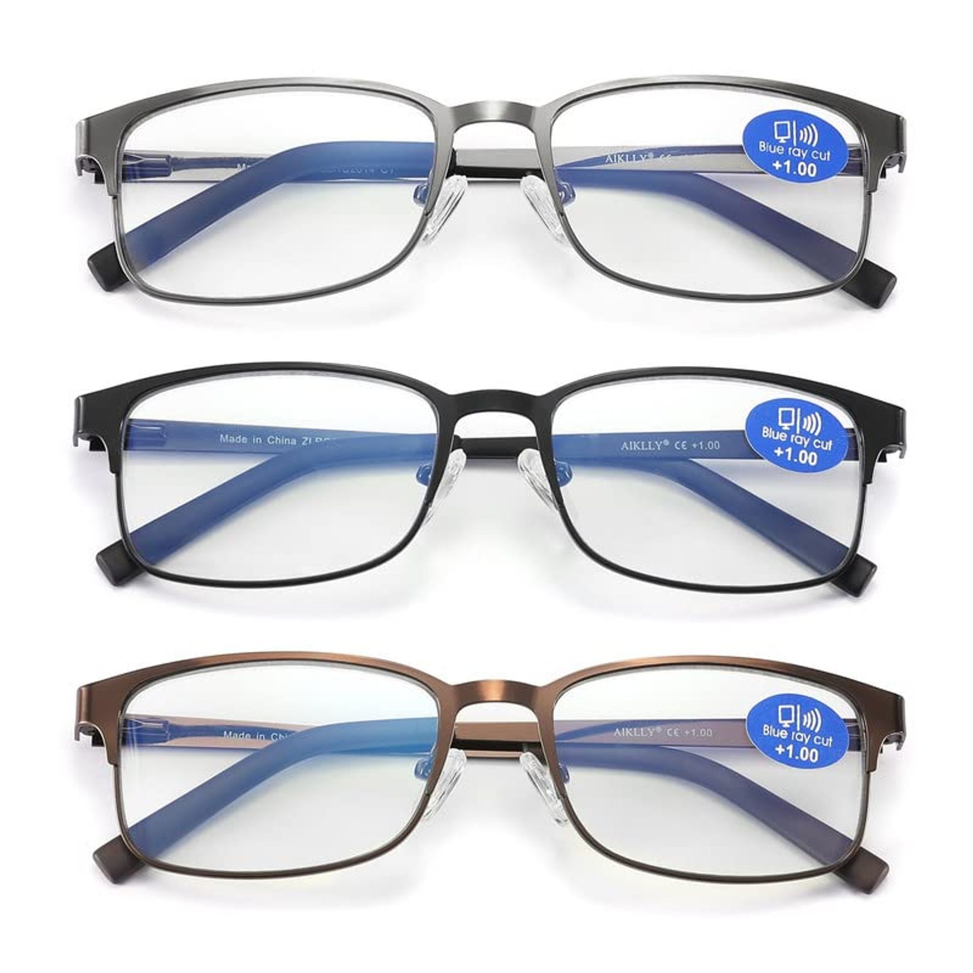 Men's Reading Glasses Blue Light Blocking Metal Frame 3 Pack - Mix Colour 1.75