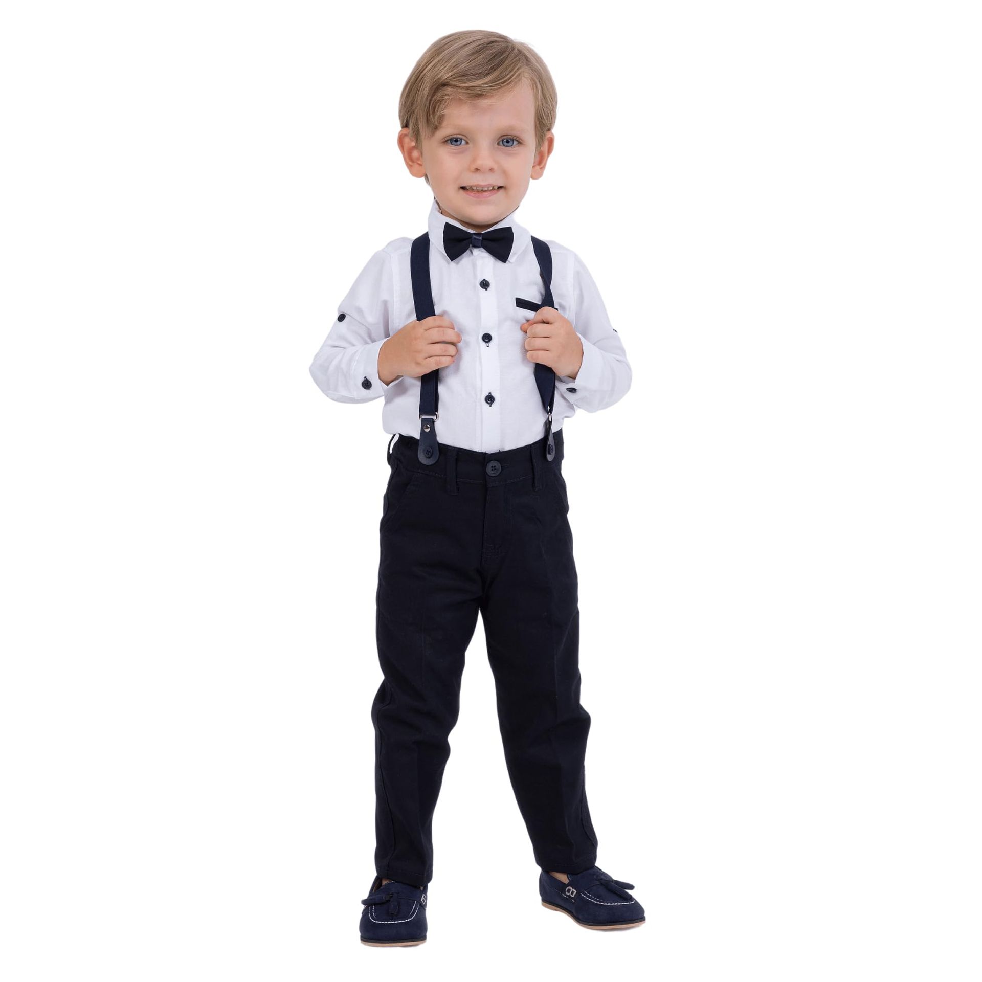 Boys 4-Piece Shirt and Pants Outfit with Suspenders and Bow Tie - Navy Blue White 3-6 Months