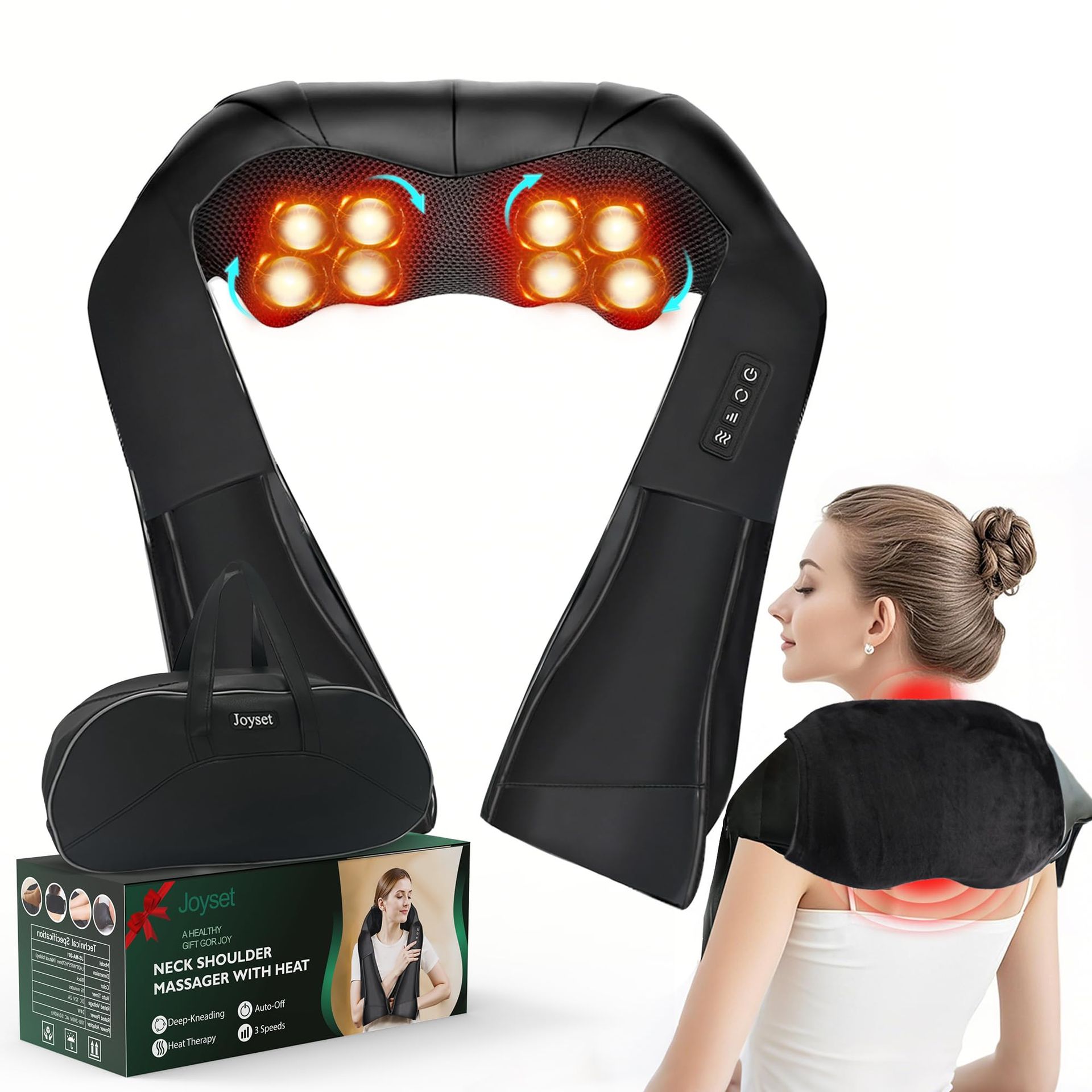 Shiatsu Neck and Shoulder Massager Deep Tissue 3D Kneading with Heat for Back, Waist and Legs Home and Car Use - Black JS-MA-UK-203 - Valentines