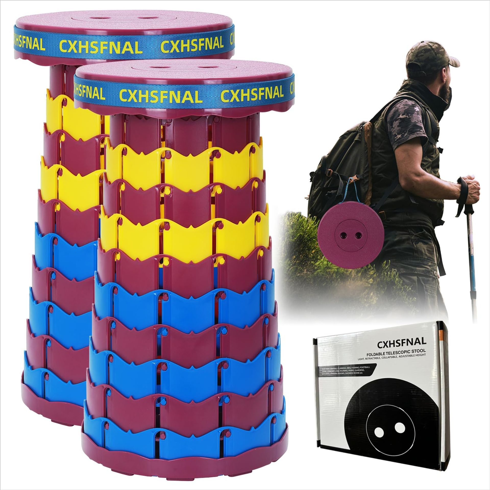 Collapsible Folding Stool 2-Pack Heavy Duty Portable Seat for Camping, Fishing & Hiking 180kg Capacity - Blue Yellow Purple 25x25x45cm