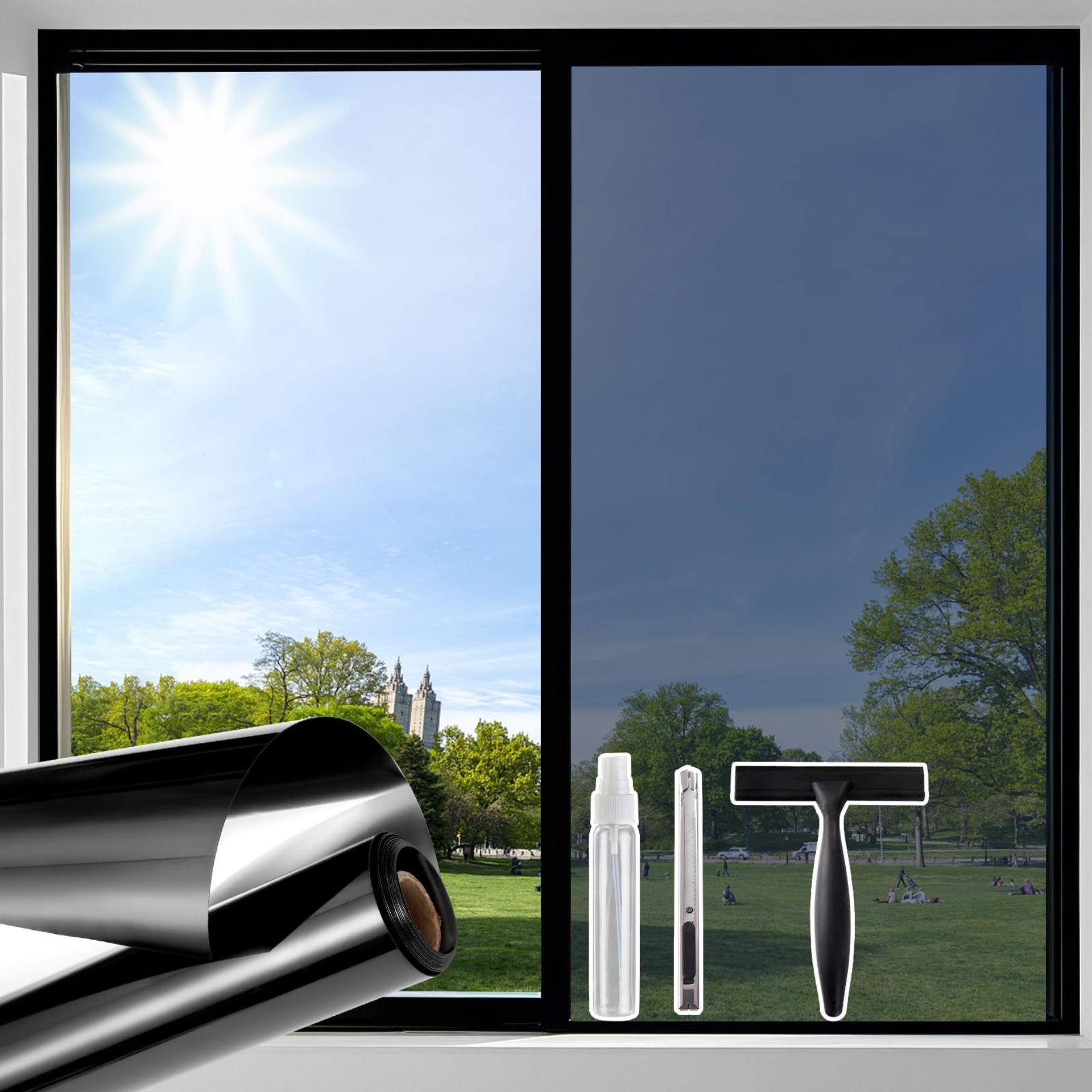 Window Privacy Film One Way Reflective Tint UV & Heat Blocking Home Glass Cover - Black-Silver 45x400cm