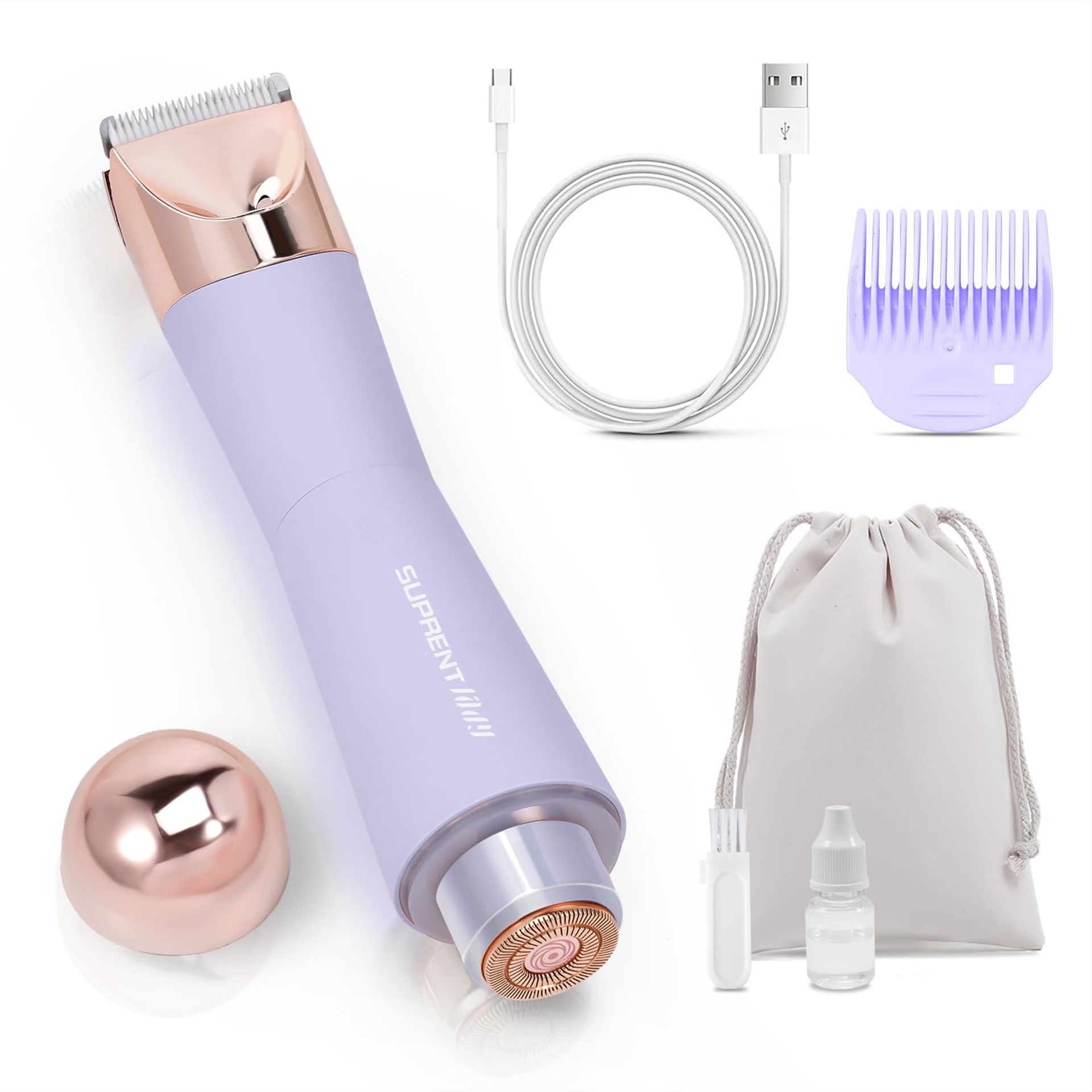 2-in-1 Electric Lady Shaver Painless Bikini Trimmer & Facial Hair Remover Wet & Dry USB-C Rechargeable - Purple BK215EX