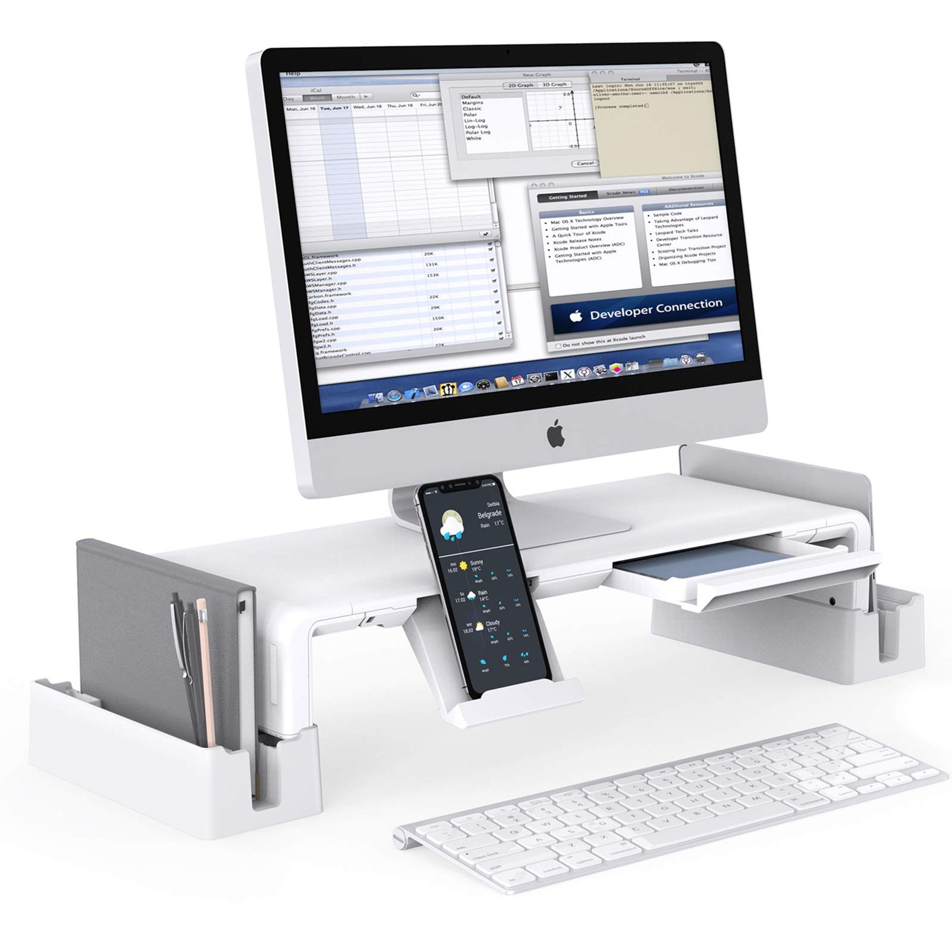 Monitor Stand with Adjustable Height Storage Riser Drawer Phone Holder and Side Racks for Screen TV or Printer - White