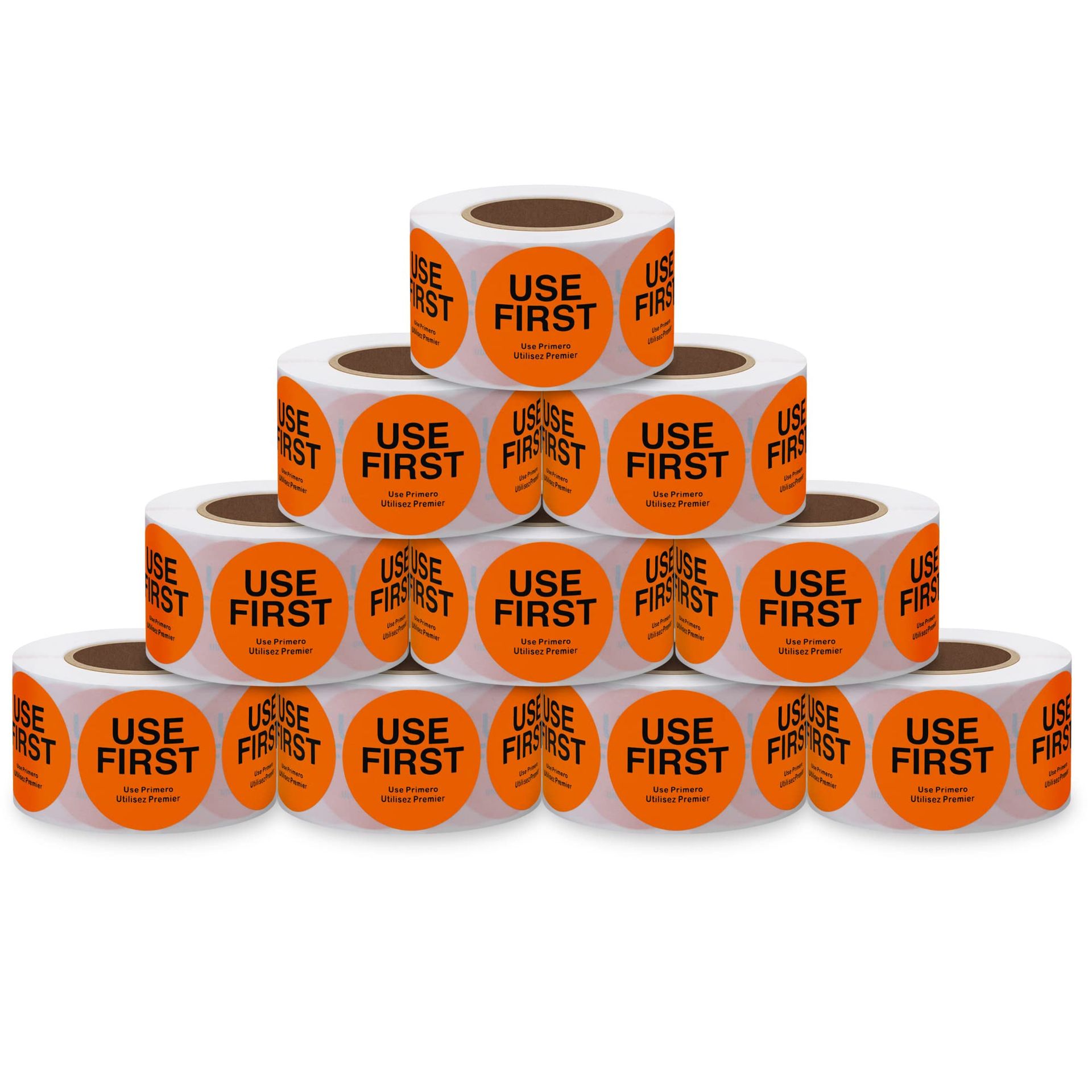 Trilingual Removable 'Use First' Labels 1.5 Inch 500 Per Roll Pack of 10 - Orange 38mm