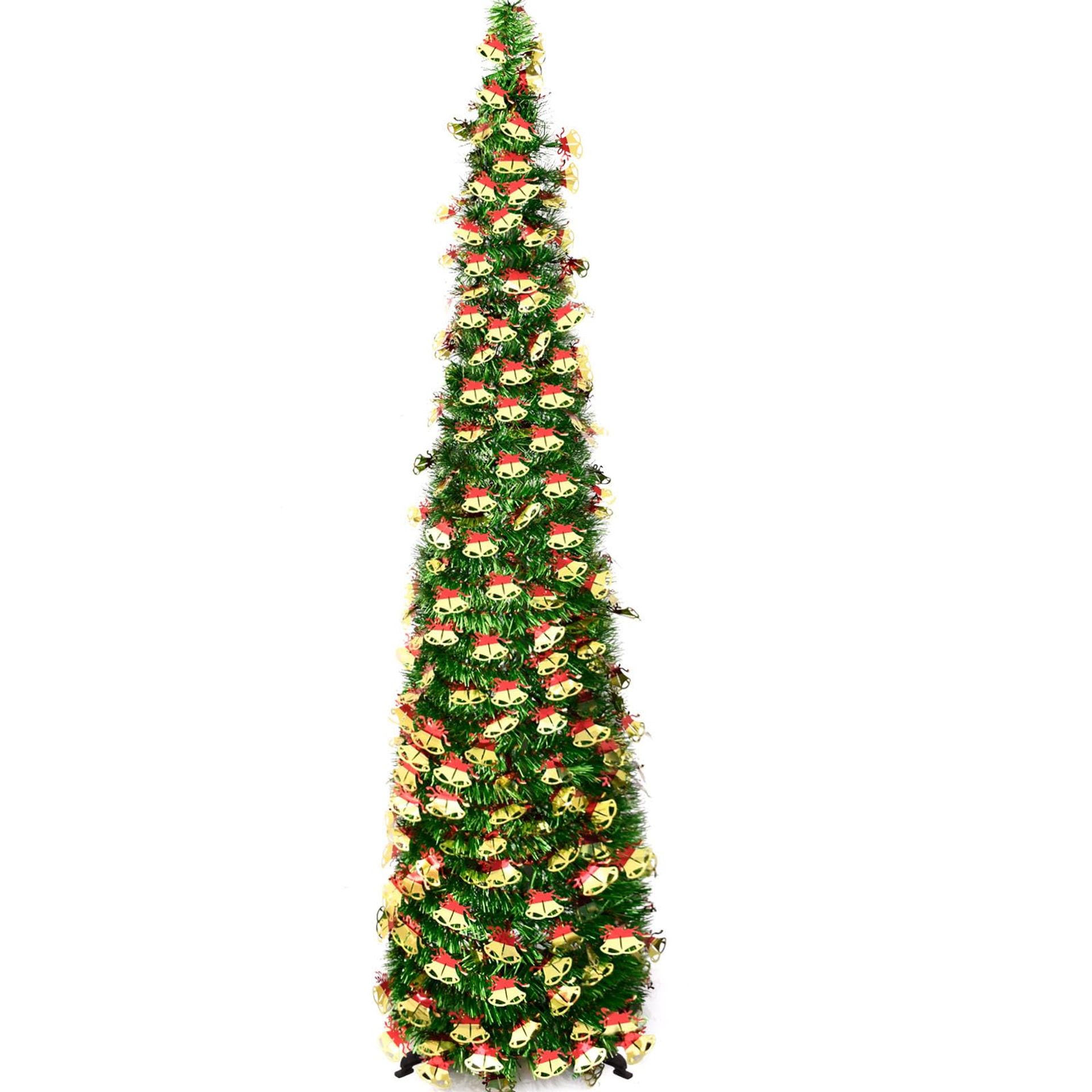 Collapsible Pop-Up Artificial Christmas Tree with Glitter Tinsel and Metal Stand for Home, Office or Party Décor - Green-Red 150cm