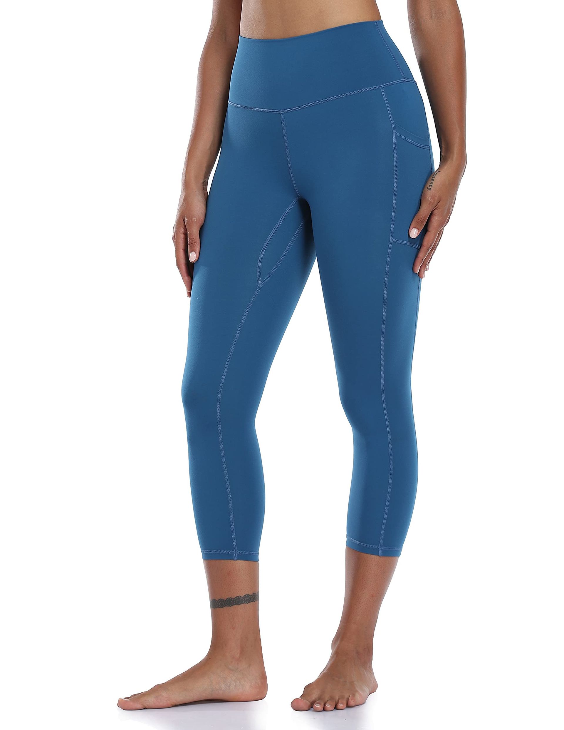 Women's Cropped Leggings with Pockets High Waisted 3/4 Yoga Capris - Classic Blue XL