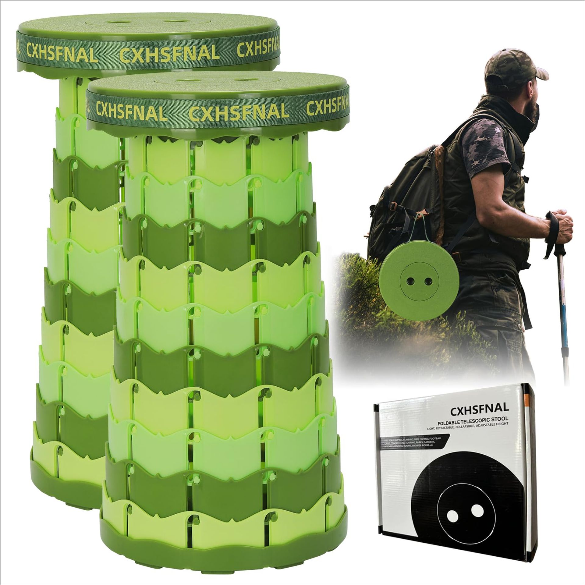 Collapsible Stool 2 Pack Telescopic Folding Chair Heavy Duty 180kg Adjustable Height for Travel, Fishing & Camping - Gradient Green 25x25x45cm