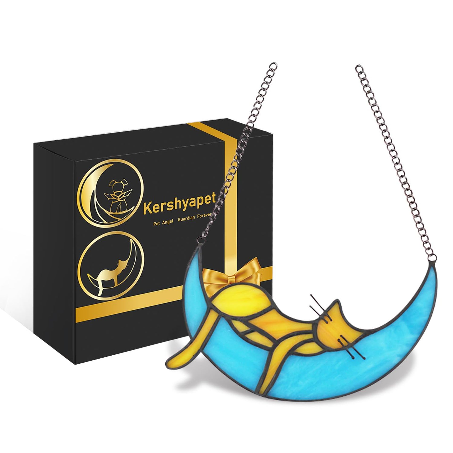 Stained Glass Cat Memorial Suncatcher Handcrafted Window Ornament Gift for Pet Lovers - Orange Blue One Size