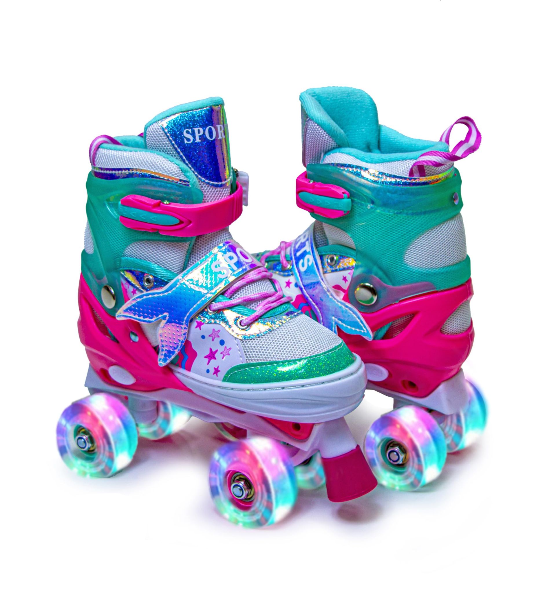 Kids Adjustable Roller Skates Light Up Wheels Beginner Outdoor Skating - Mint-Pink L (2.5-5 UK)