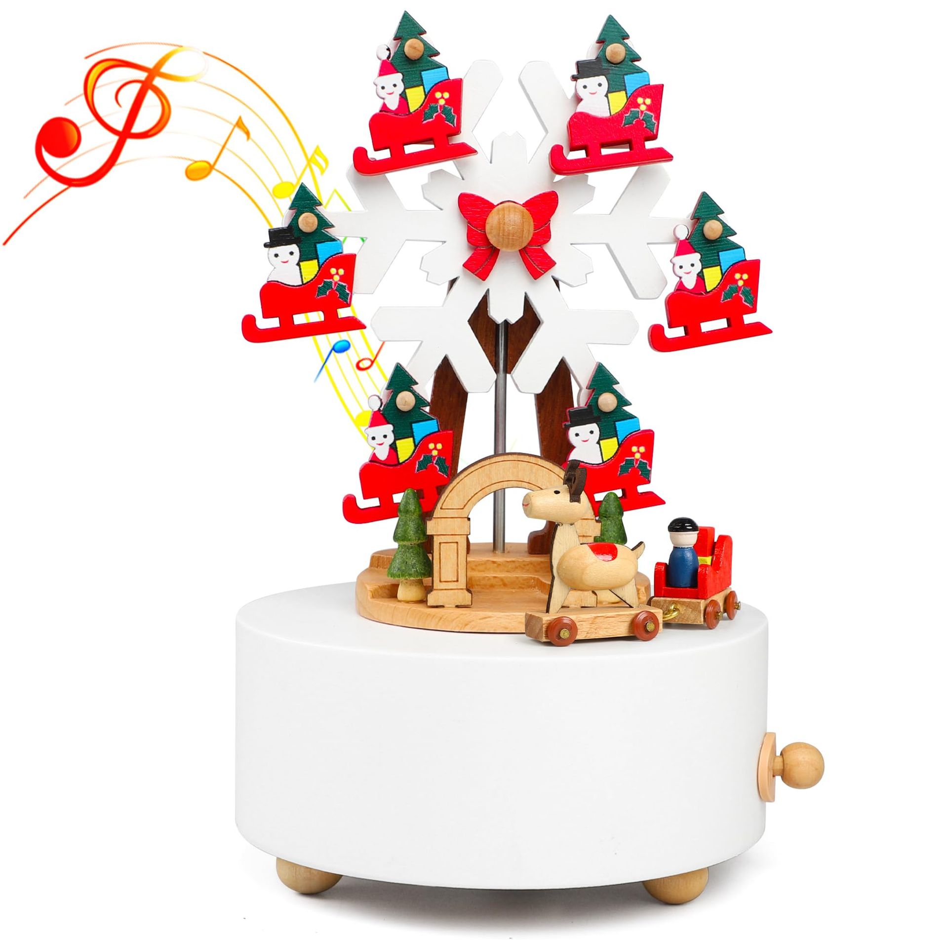 Wooden Music Box Rotating Christmas Ornament Snowflake & Elk Design - Christmas Snowflakes One Size