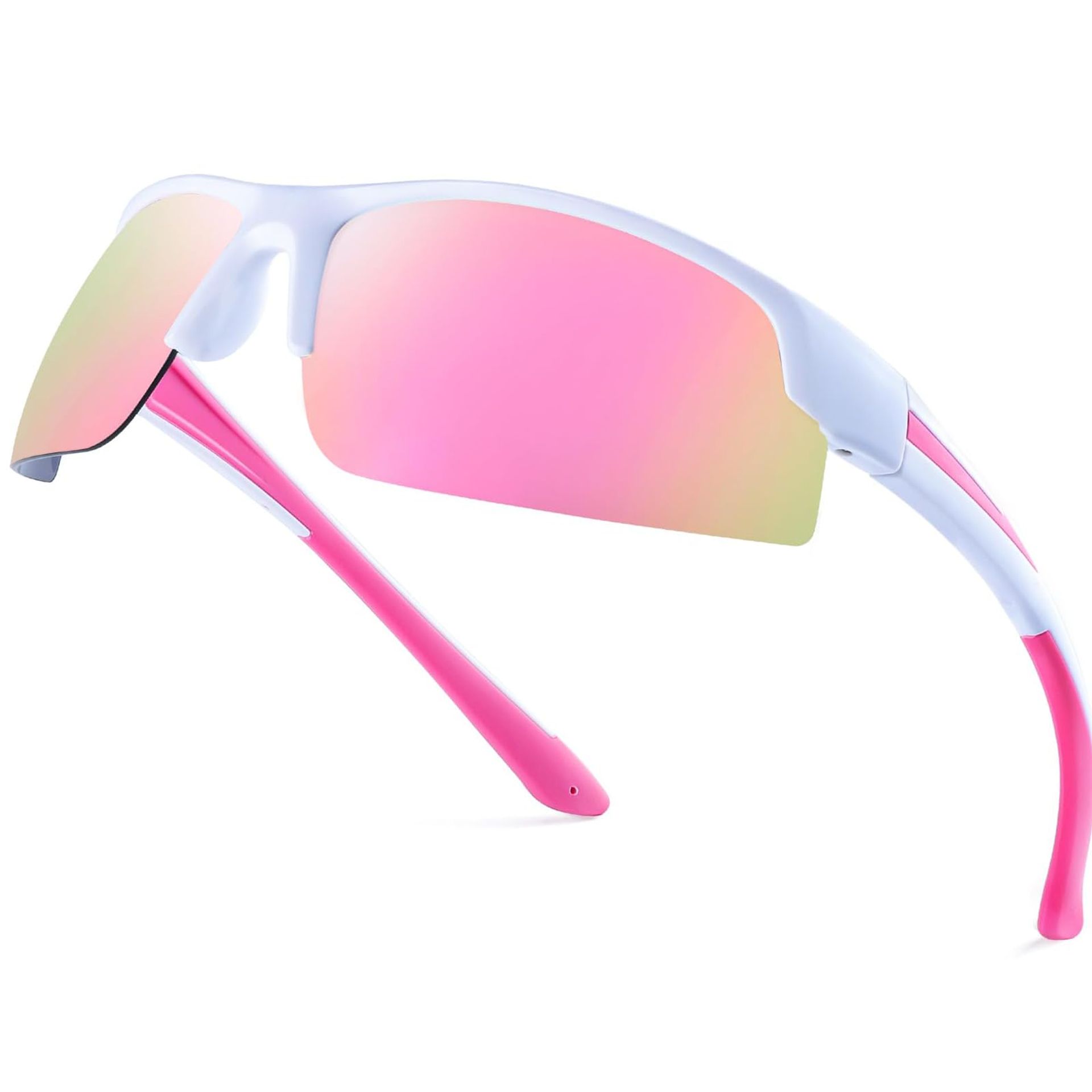 Polarised Cycling Sunglasses for Women UV400 Protection TR90 Frame Lightweight Semi-Rim Design - White Frame Pink Lens