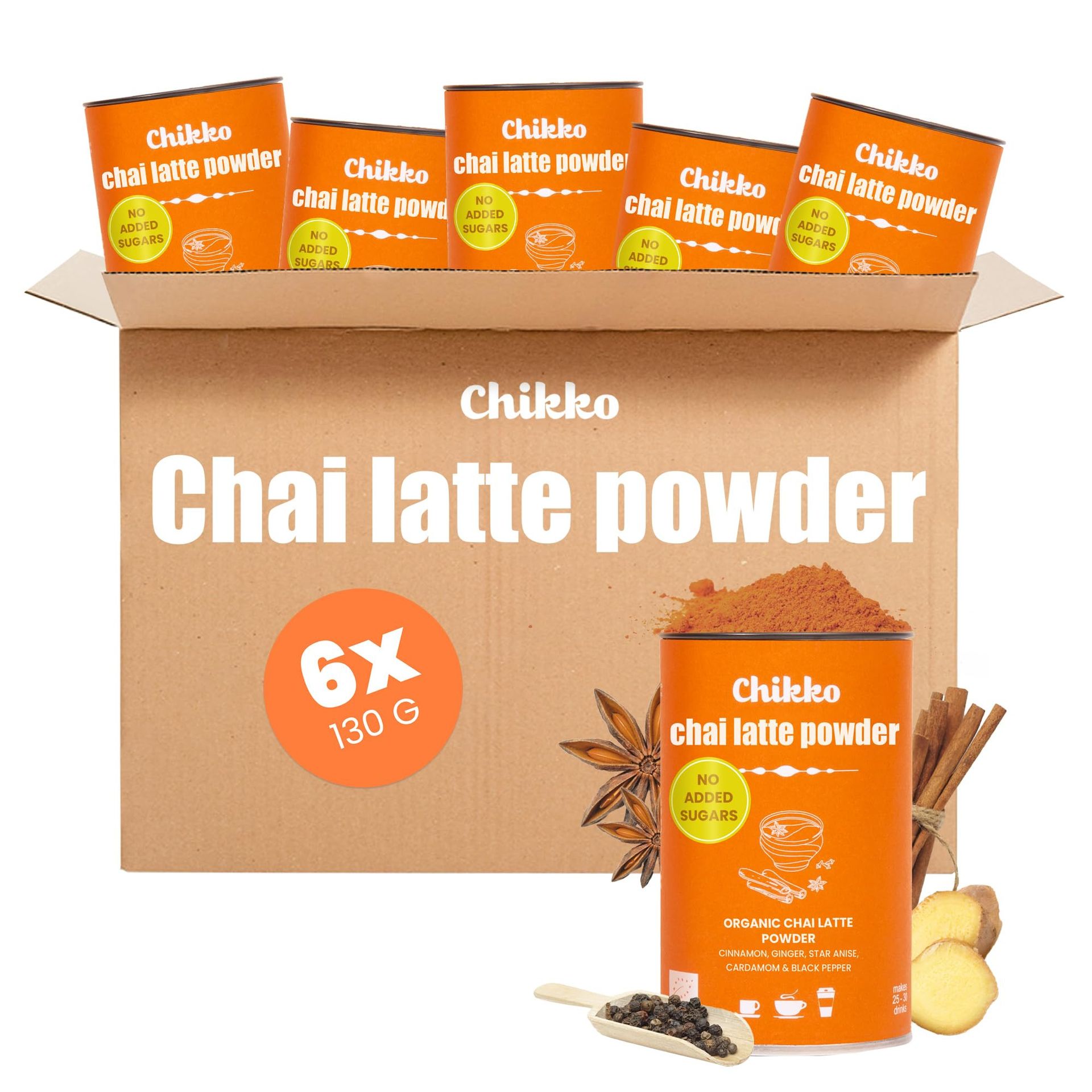 Organic Chai Latte Mix Powder Authentic Spiced Drink Additive-Free Vegan Caffeine-Free - 6x130g - Student Essentials