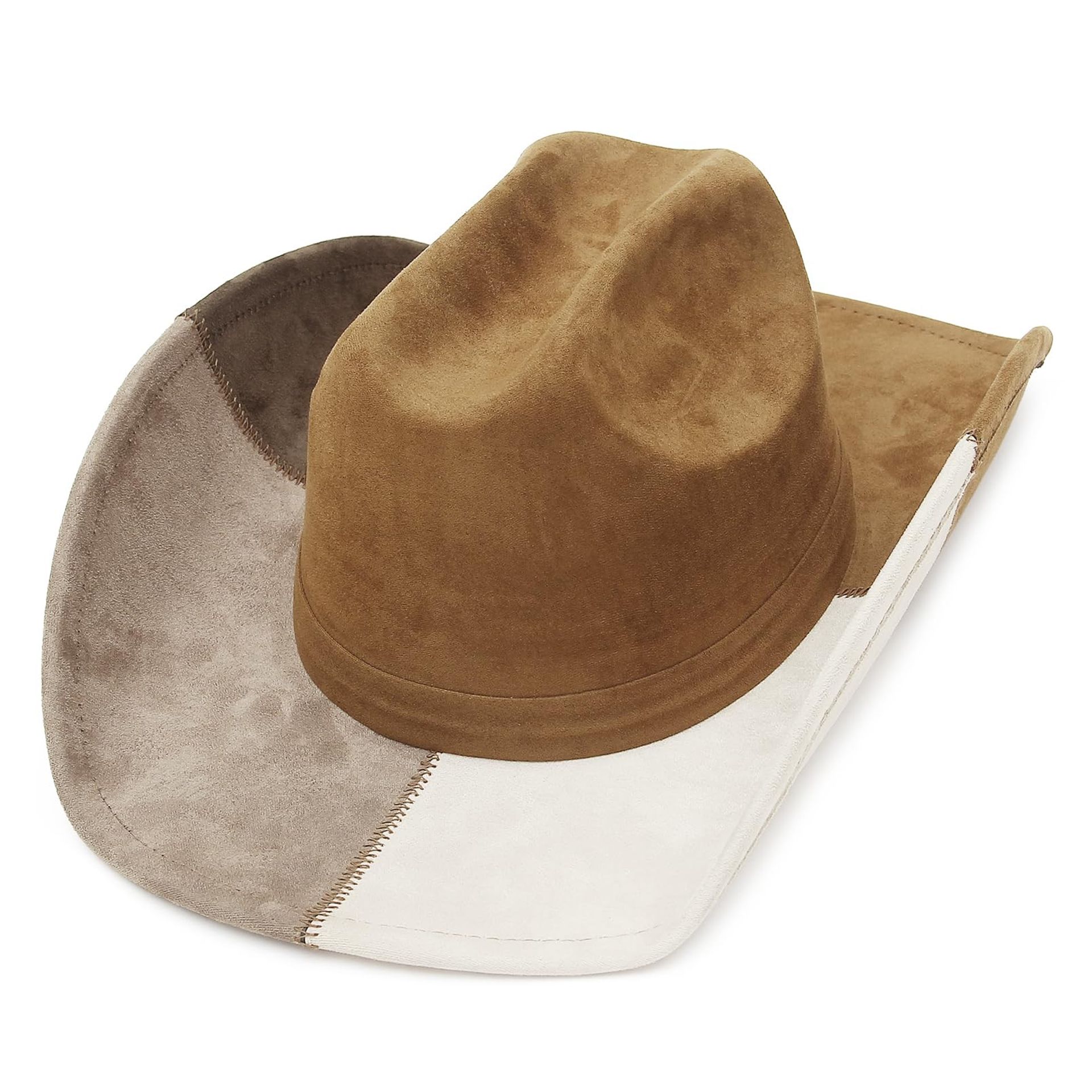 Patchwork Suede Western Cowboy Hat Wide Brim with Adjustable Chin Strap for Men & Women - Coffee Top 7 1/8-7 3/8
